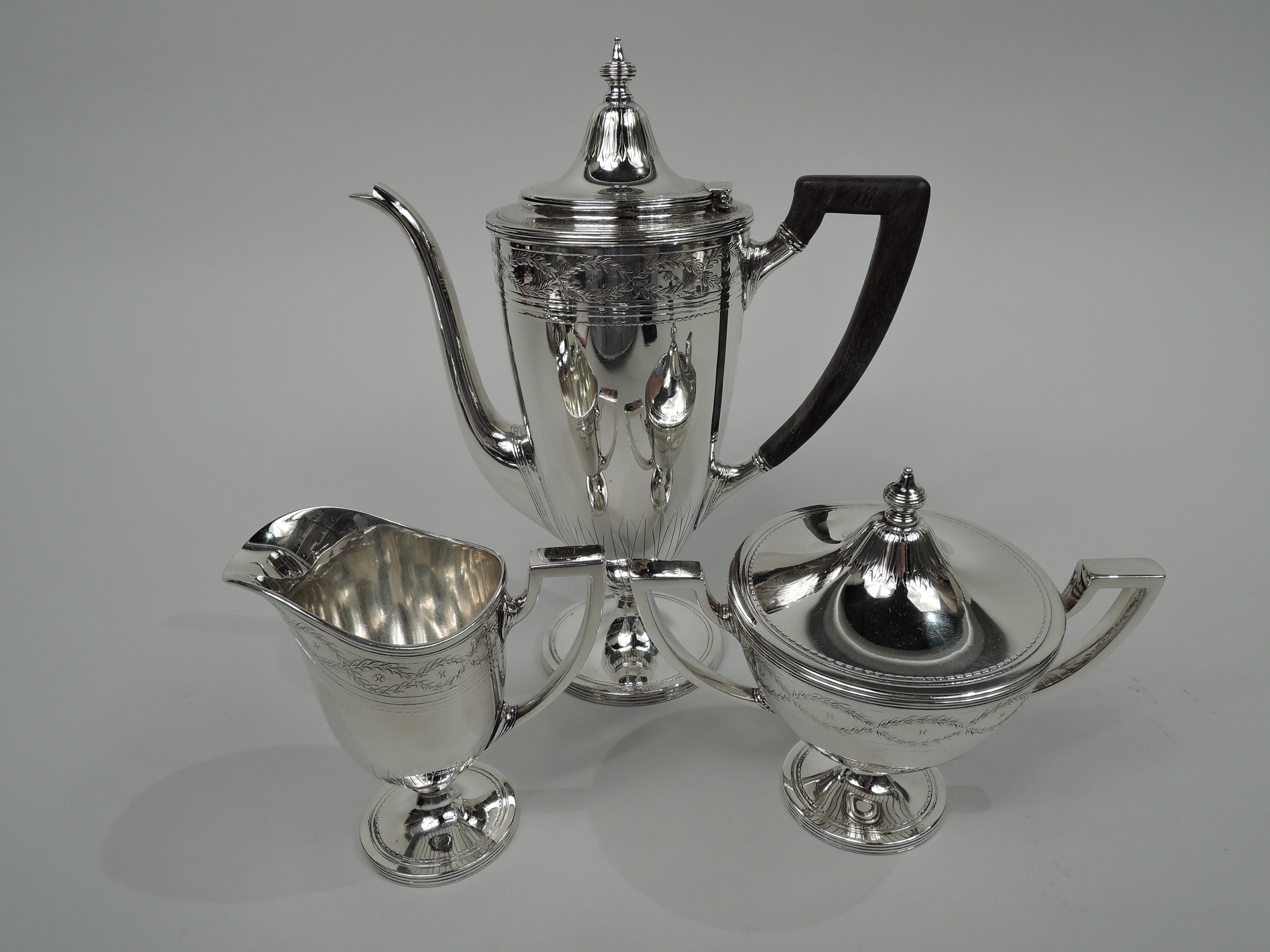 Winthrop sterling silver coffee set on tray. Made by Tiffany & Co. in New York, ca 1925. This comprises coffeepot, creamer, and sugar on tray.

Coffeepot: Tapering body on raised foot, hinged and domed cover with vasiform finial, vertical s-scroll