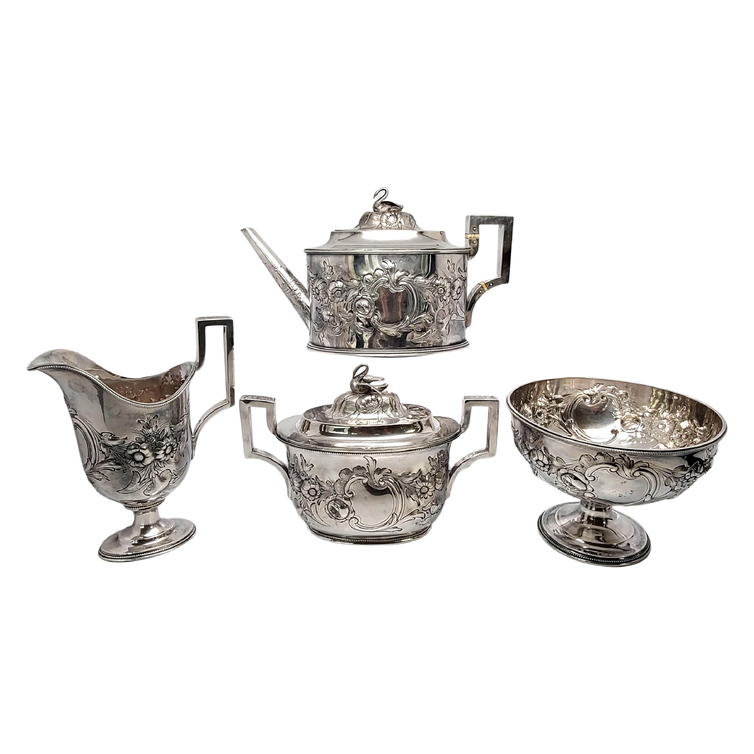Antique sterling silver 4 piece tea set by Tiffany Young & Ellis, designed by John C. Moore, circa 1841-53.

Tiffany Young & Ellis was started by Charles Lewis Tiffany, John B Young and J. Lewis Ellis, and was known for selling the finest goods from