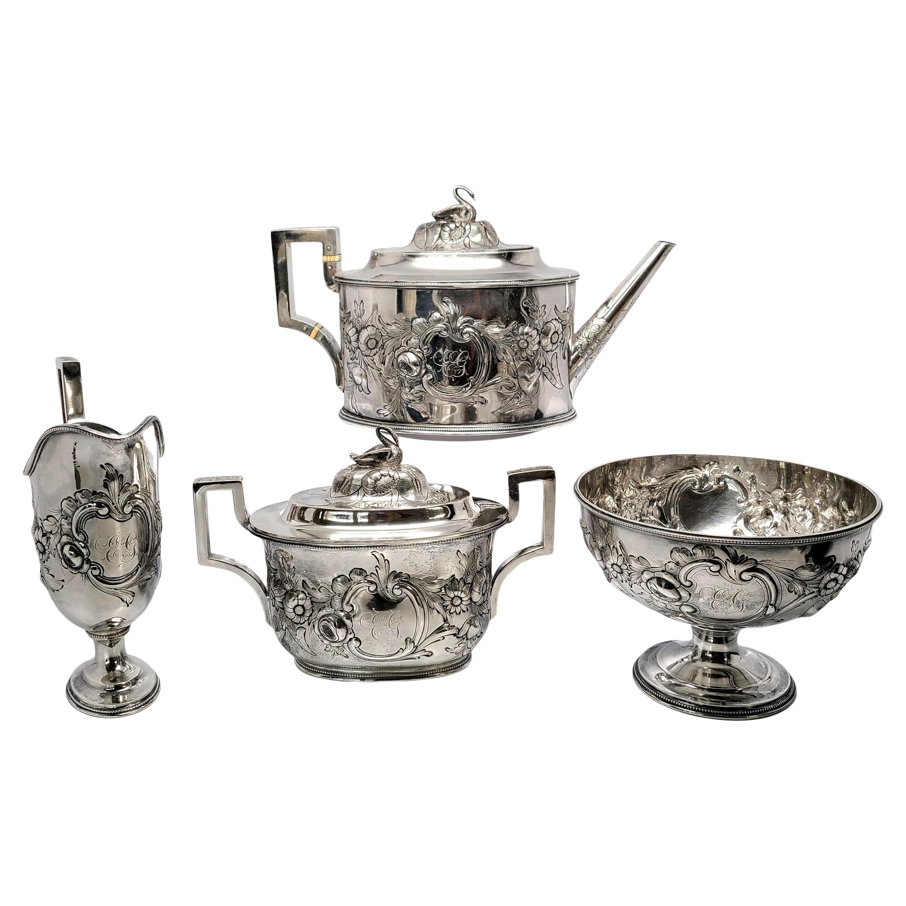 Antique Tiffany Young & Ellis Sterling Silver 4pc Tea Set with Monogram For Sale
