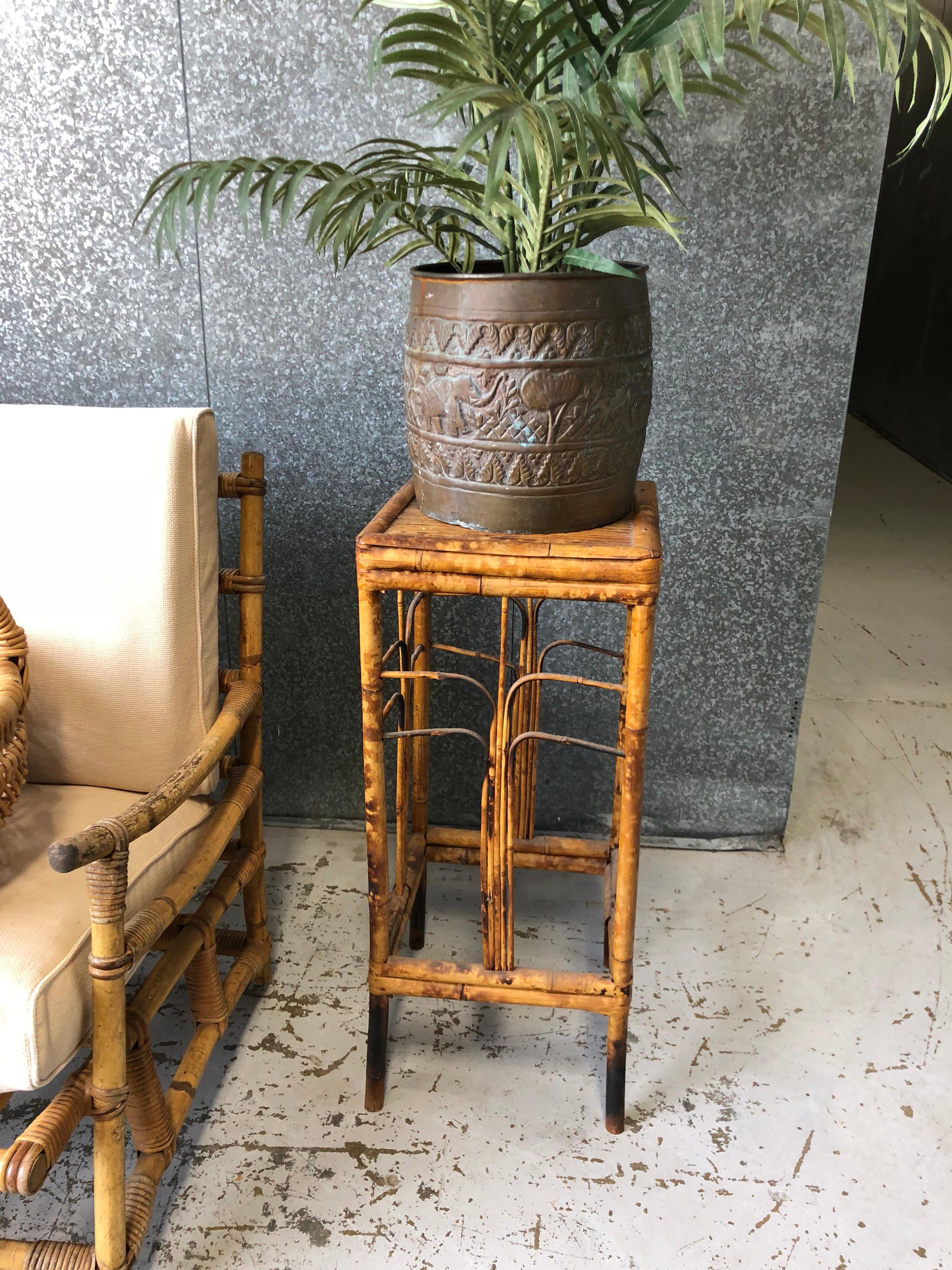 Antique Tiger Bamboo Plant Stand or Occasional Table For Sale at