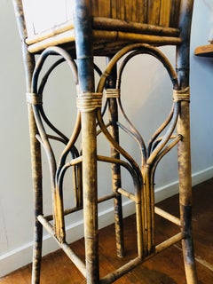 Antique Tiger Bamboo and Rattan Tall Plant Stand Jardinière