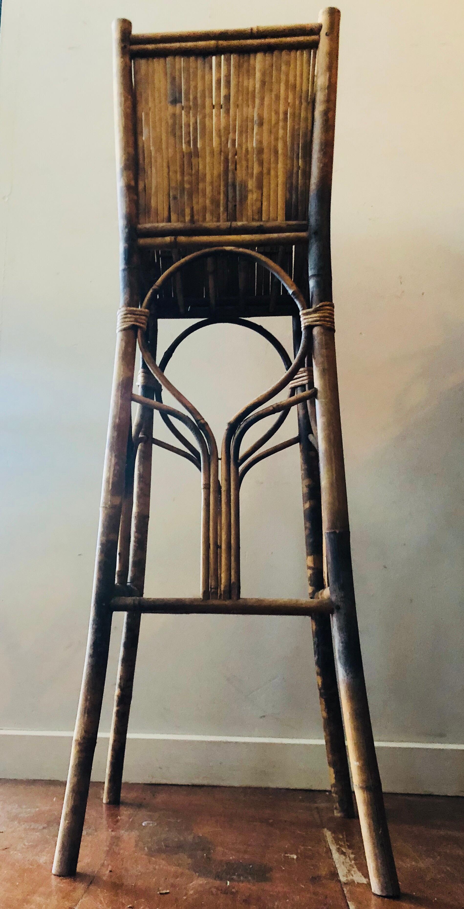 Antique Tiger Bamboo and Rattan Tall Plant Stand Jardinière In Good Condition For Sale In Church Point, NSW