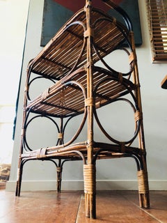 Antique Tiger Cane Bamboo and Rattan Shelving Stand