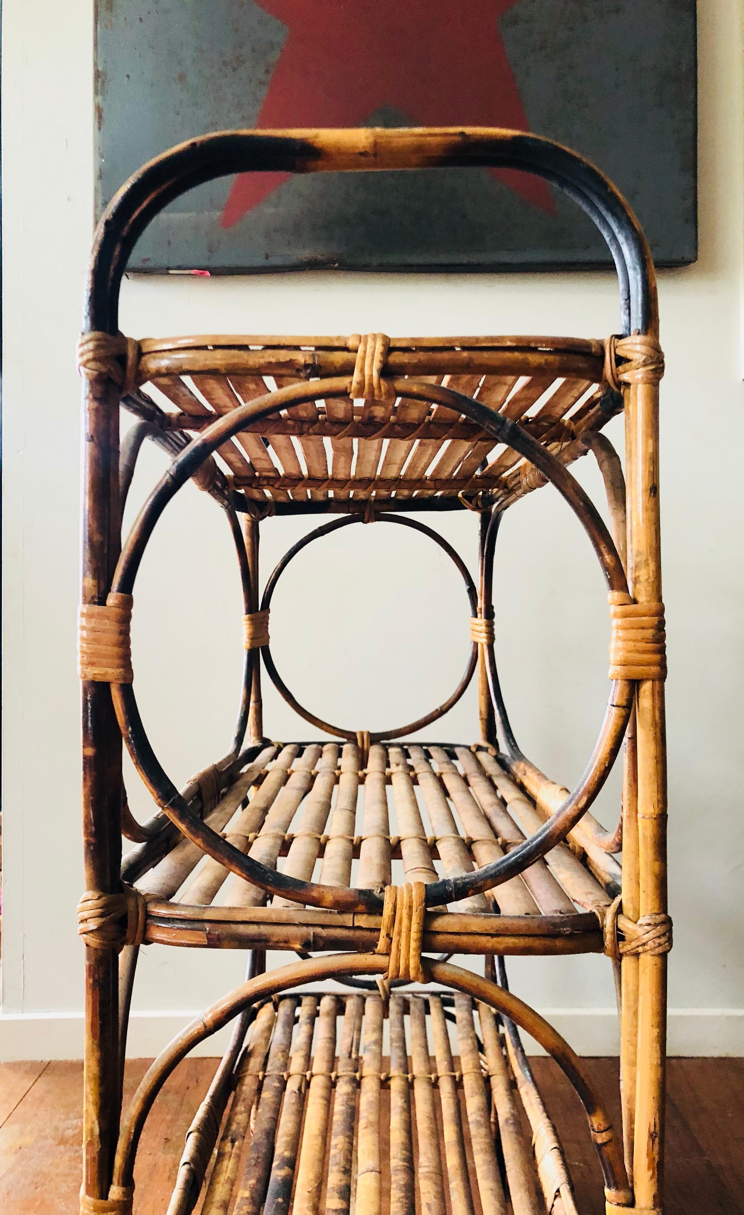 Antique Tiger Cane Bamboo and Rattan Shelving Stand In Good Condition For Sale In Church Point, NSW