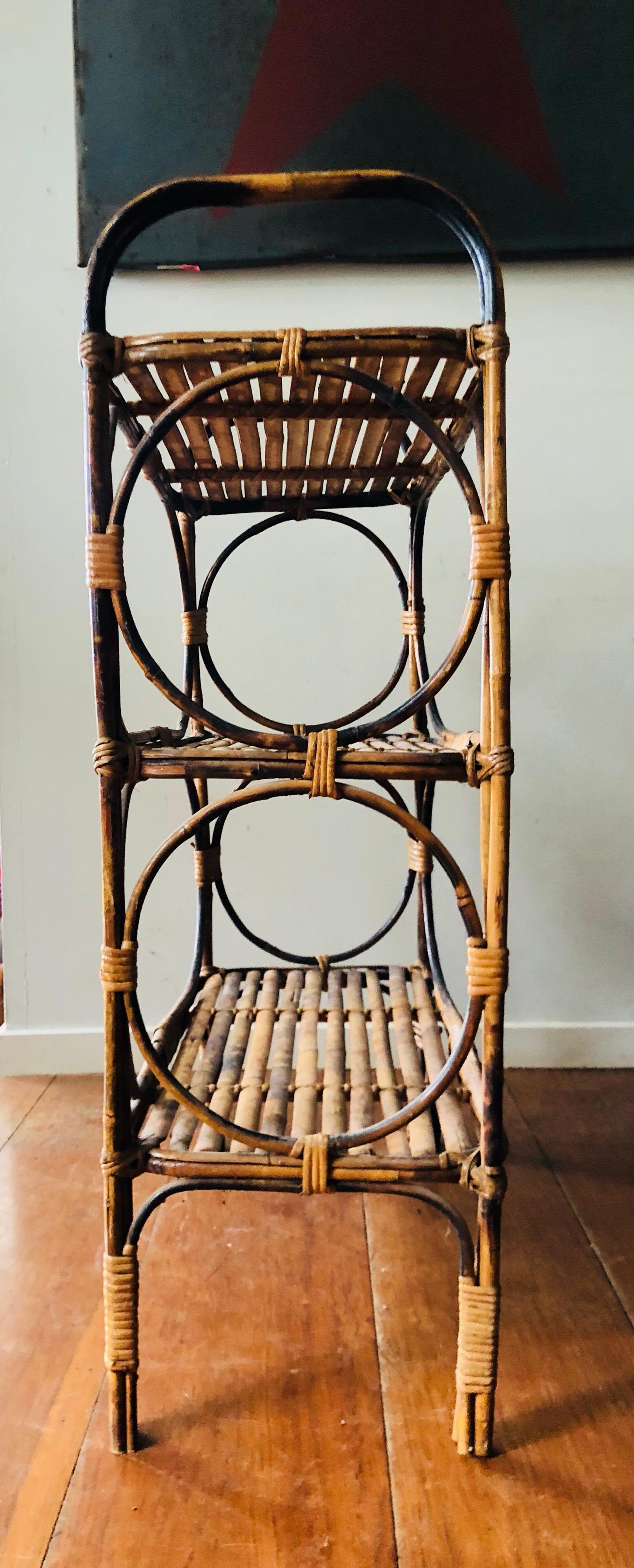 Mid-20th Century Antique Tiger Cane Bamboo and Rattan Shelving Stand For Sale