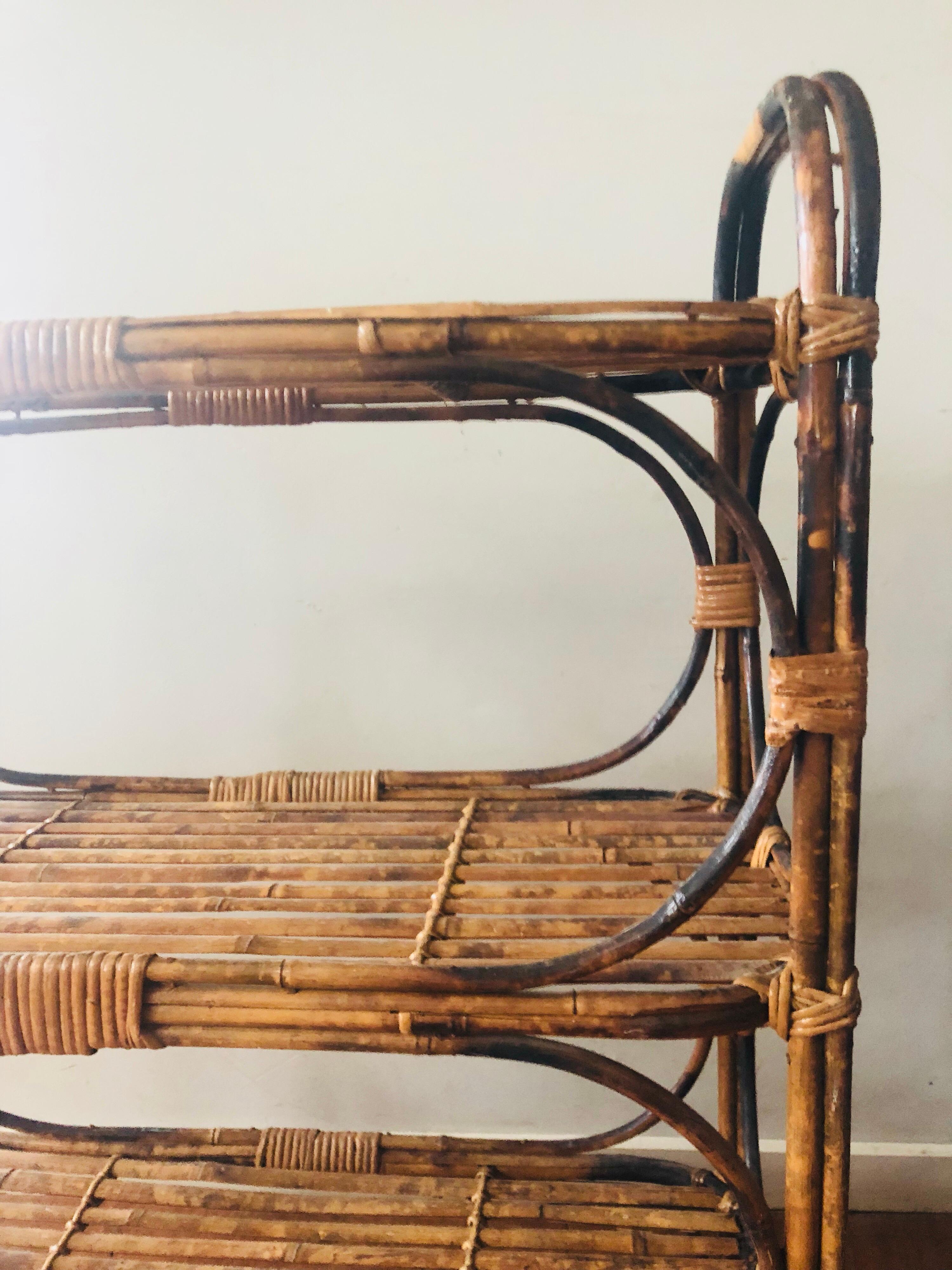 Wicker Antique Tiger Cane Bamboo and Rattan Shelving Stand For Sale