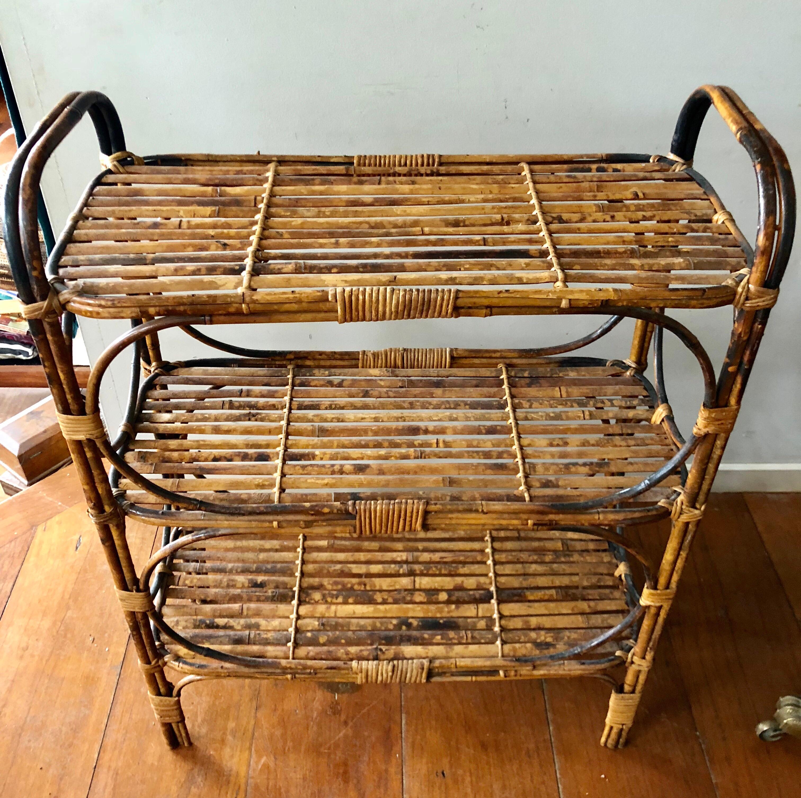 Antique Tiger Cane Bamboo and Rattan Shelving Stand For Sale 1