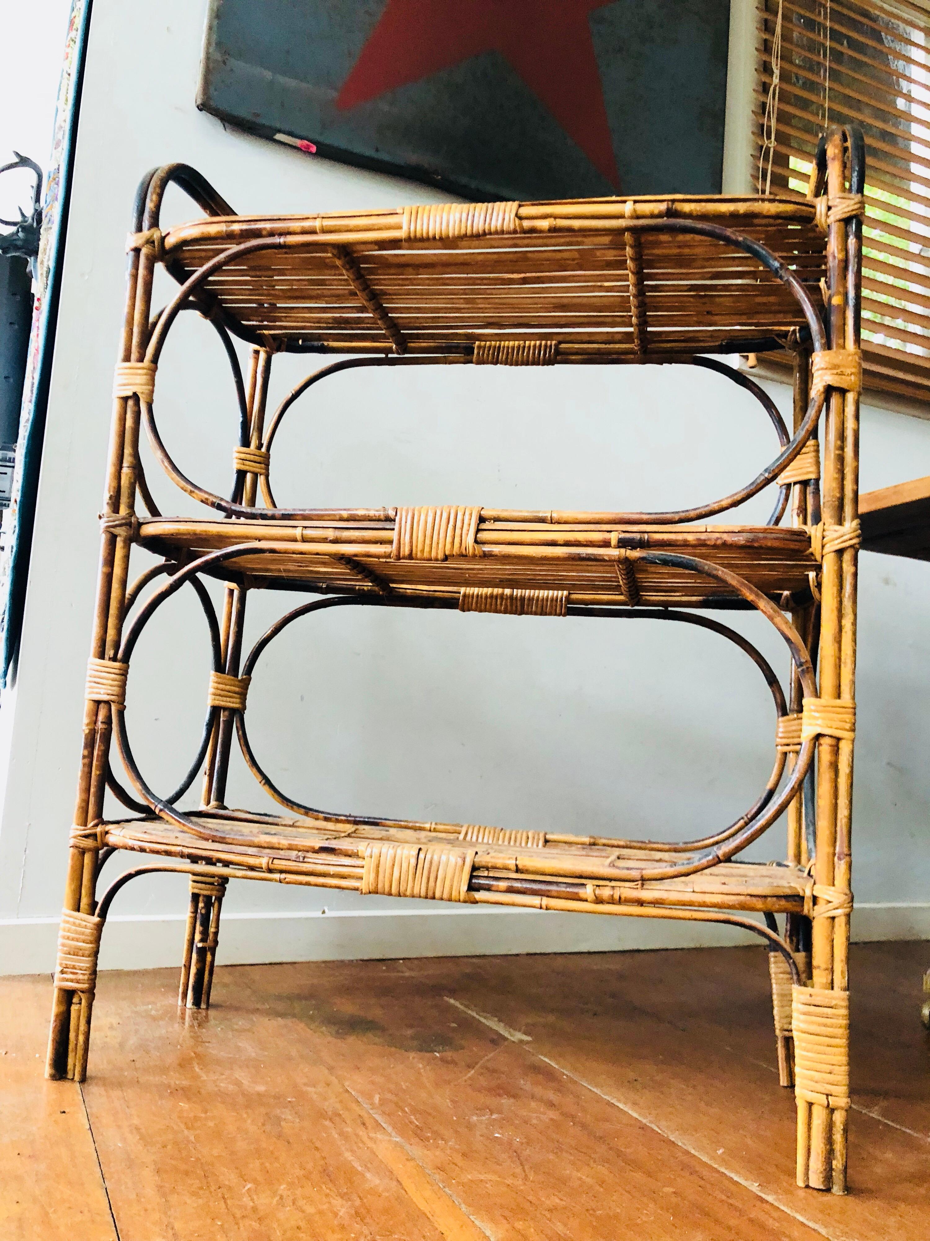 Antique Tiger Cane Bamboo and Rattan Shelving Stand For Sale 2