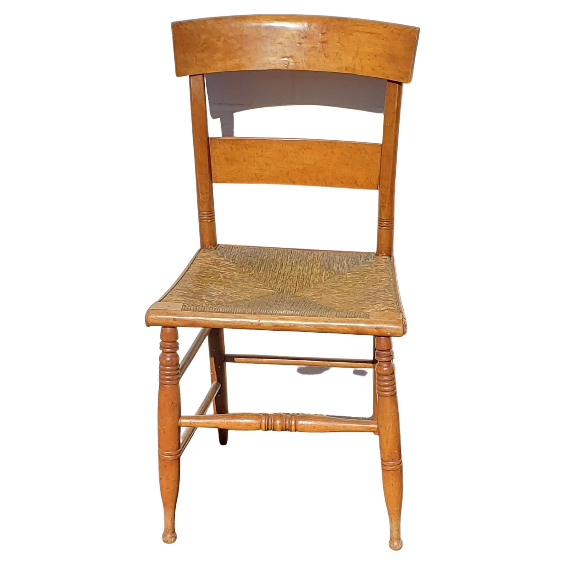 19th Century Antique Tiger Maple Bentwood Slat Back with Rush Seat Dining Chairs, circa 1860s