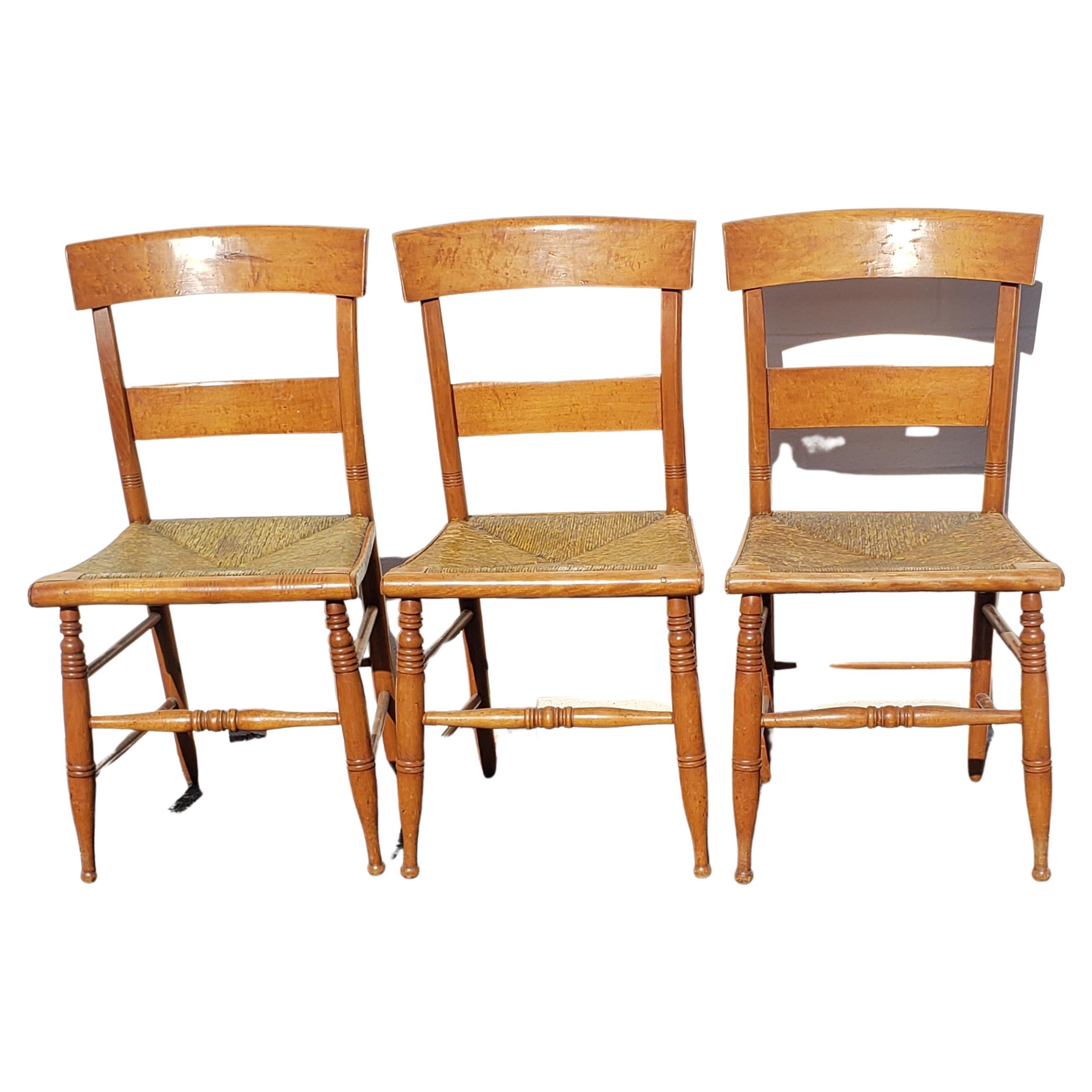 Antique Tiger Maple Bentwood Slat Back with Rush Seat Dining Chairs, circa 1860s 1