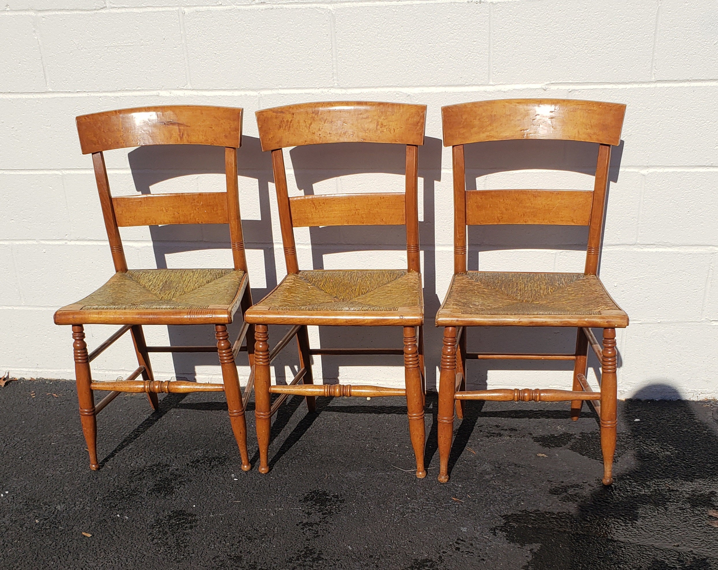 Antique Tiger Maple Bentwood Slat Back with Rush Seat Dining Chairs, circa 1860s 2