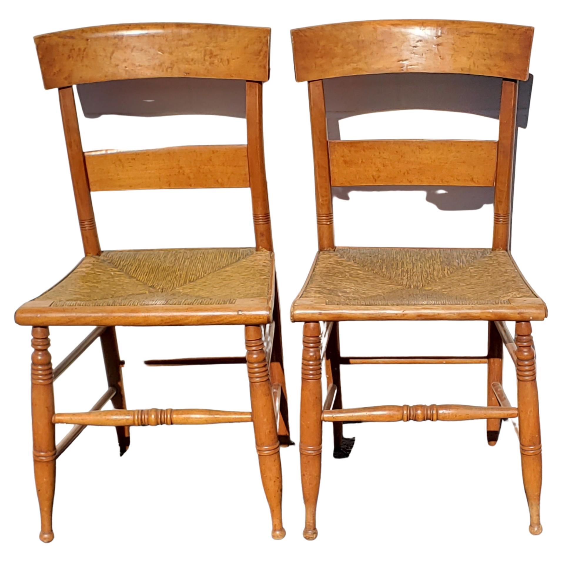 Hand-Crafted Antique Tiger Maple Bentwood Slat Back with Rush Seat Dining Chairs, circa 1860s