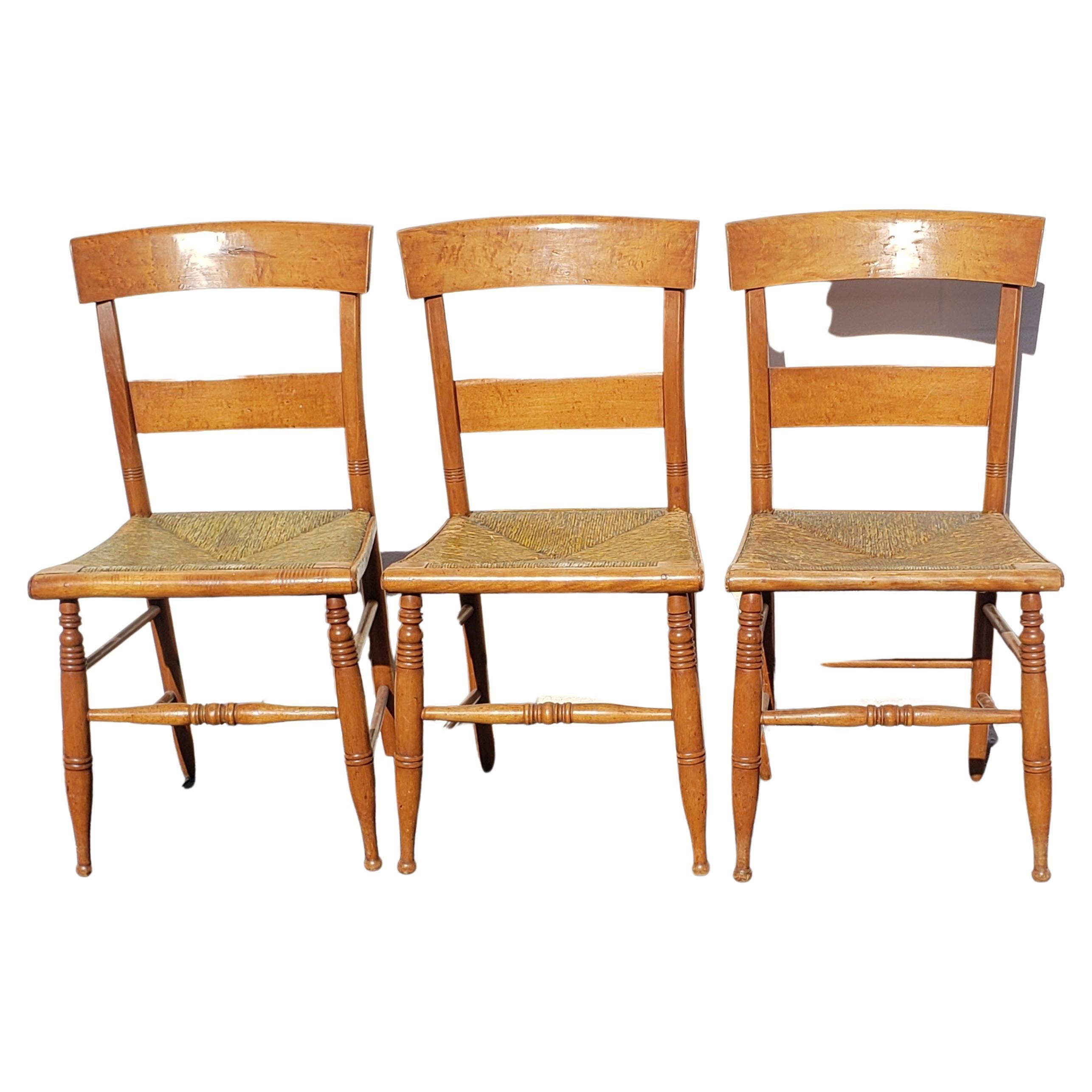 Antique Tiger Maple Bentwood Slat Back with Rush Seat Dining Chairs, circa 1860s In Good Condition In Germantown, MD