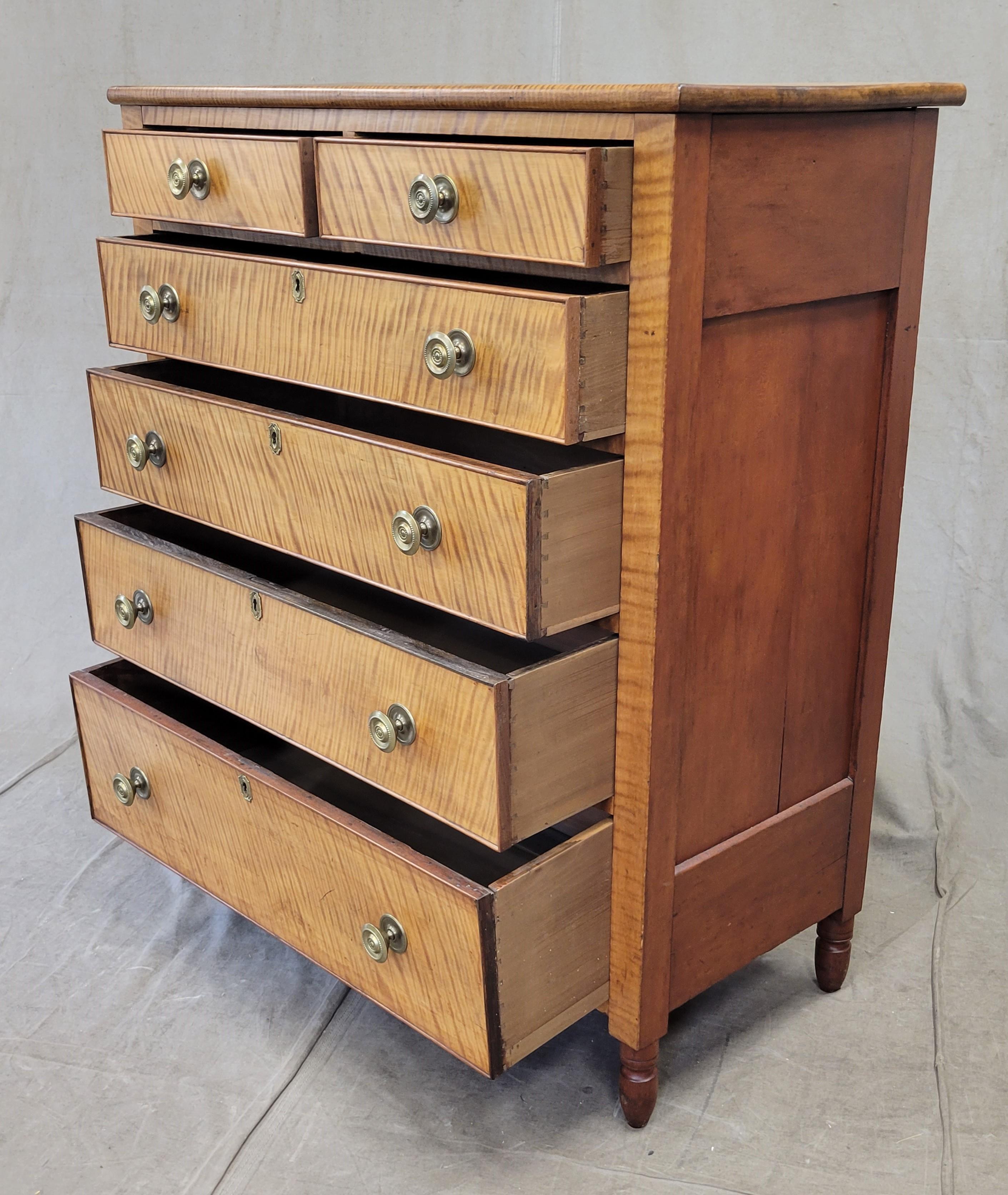 Sheraton Antique Tiger Maple Dresser With Original Brass Hardware
