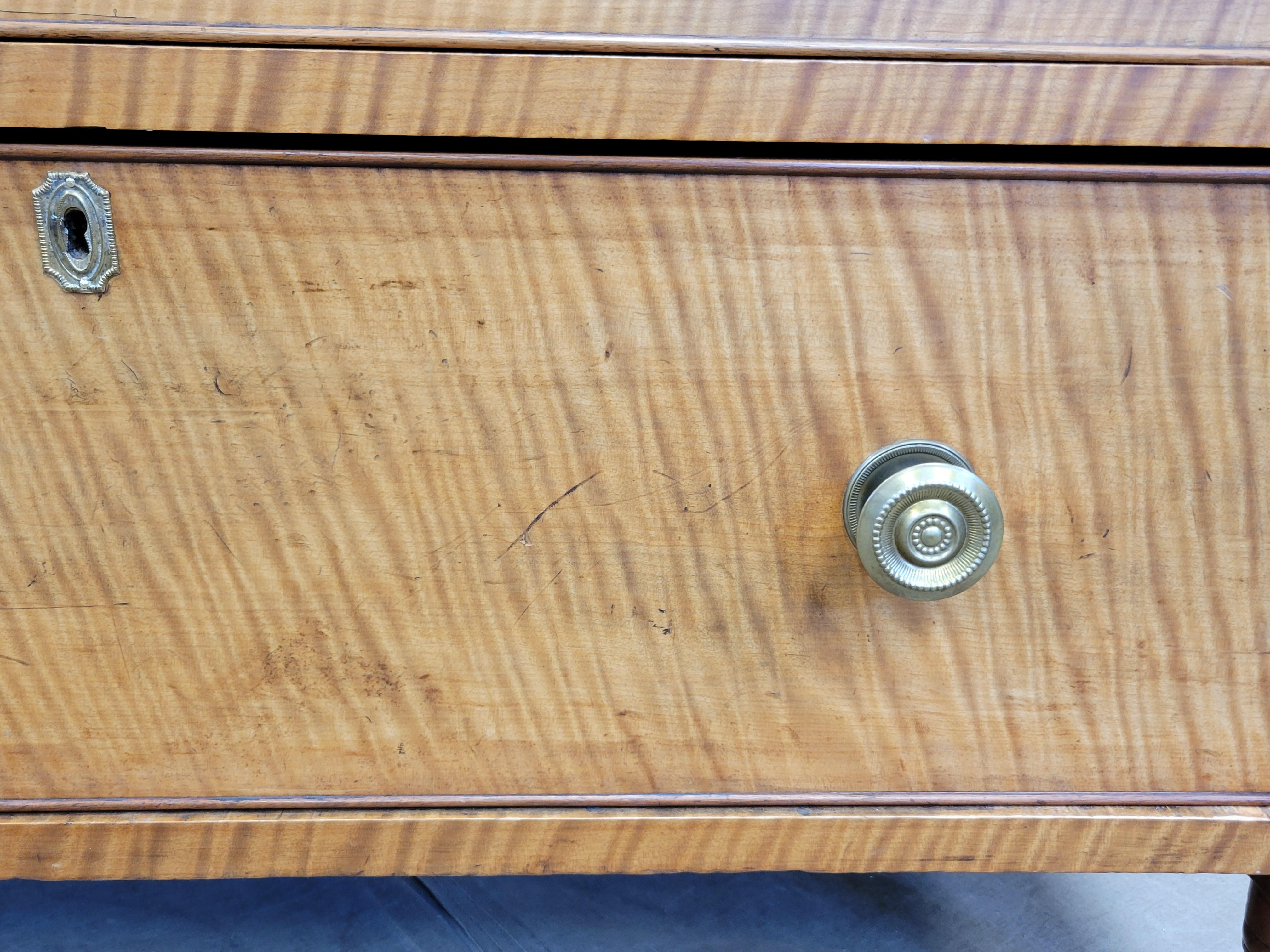 Antique Tiger Maple Dresser With Original Brass Hardware In Good Condition In Centennial, CO