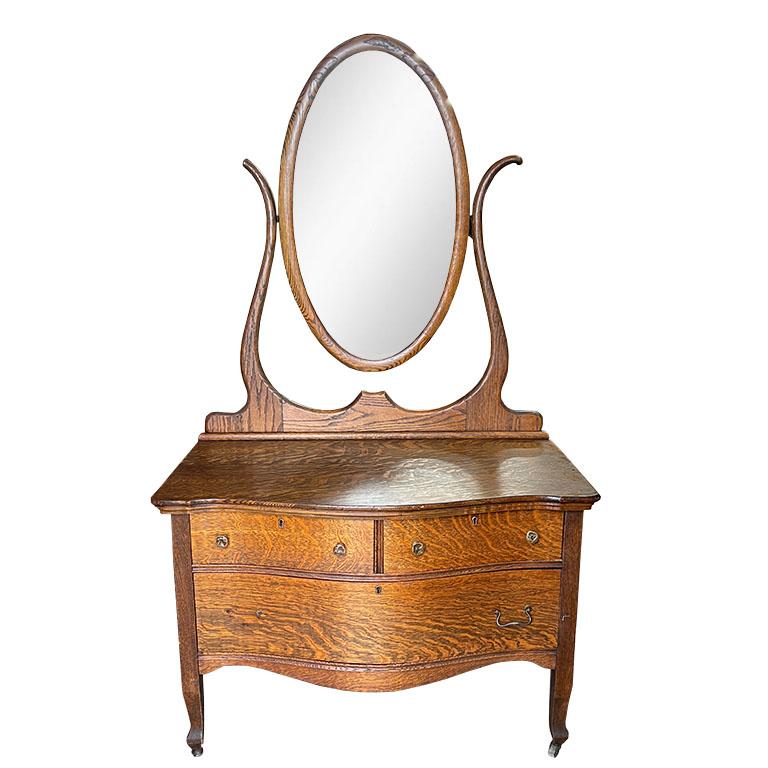 Metal Antique Tiger Oak 3 Drawer Dresser or Dressing Table with Oval Mirror  For Sale