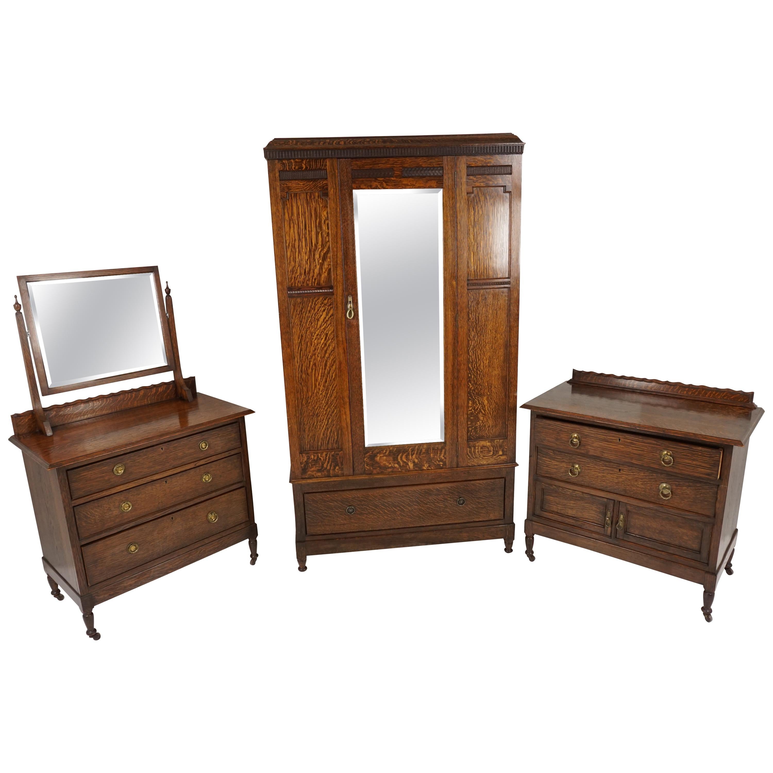 Antique Tiger Oak 3-Piece Bedroom Suite Armoire Vanity Dresser Scotland, 1910