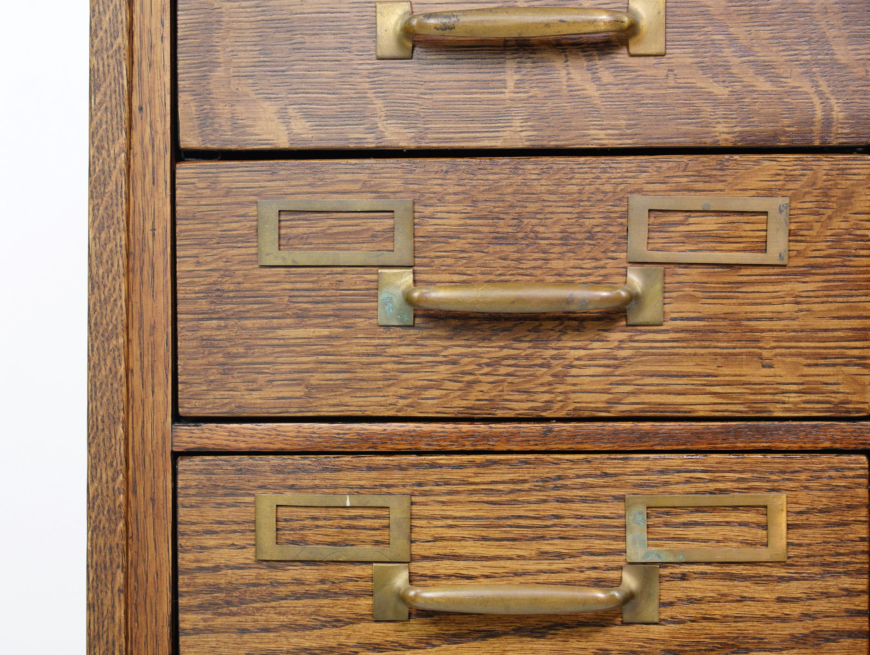 20th Century Antique Tiger Oak 6 Steel Drawer Filing Cabinet with Brass Hardware For Sale