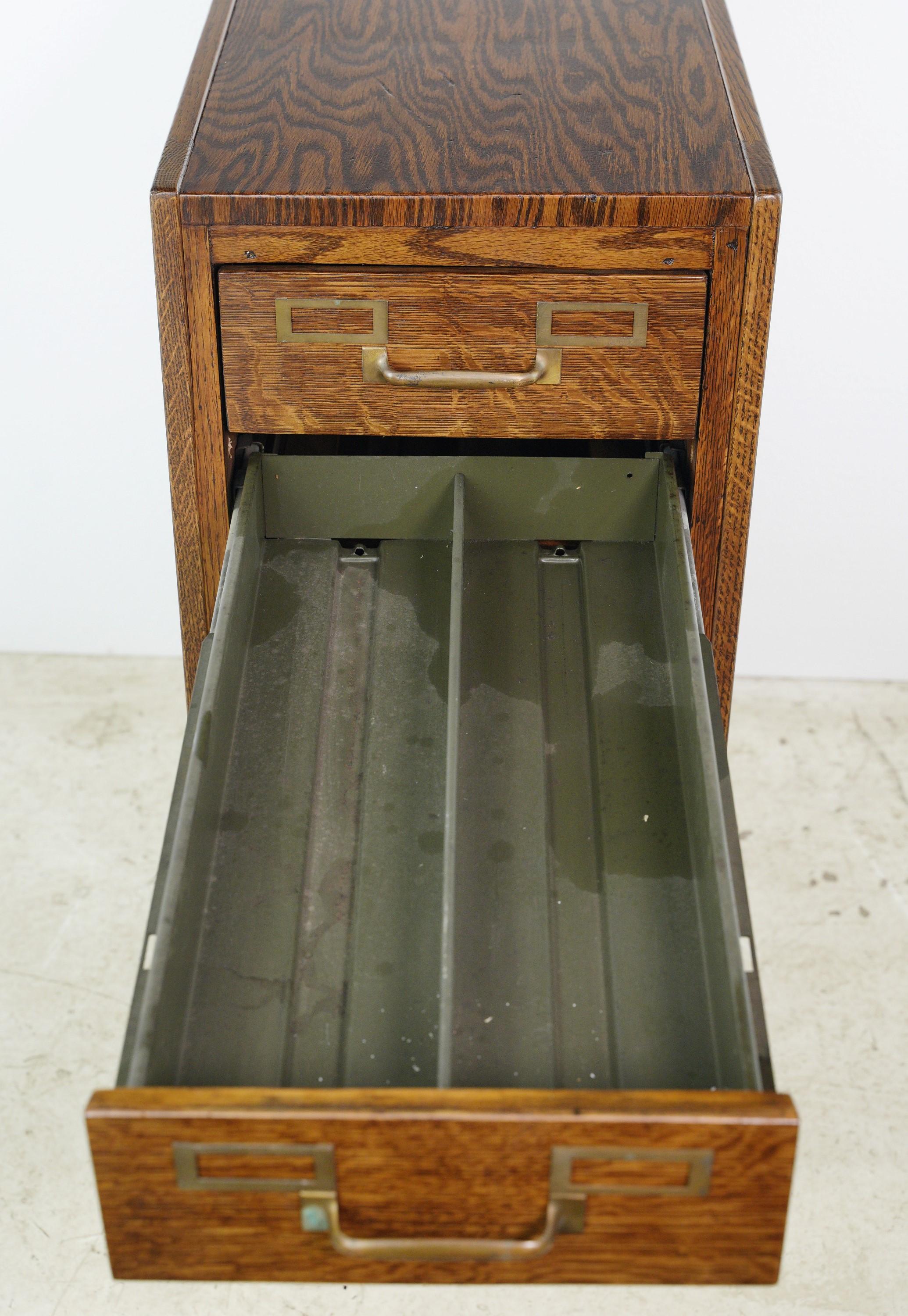 Antique Tiger Oak 6 Steel Drawer Filing Cabinet with Brass Hardware For Sale 1