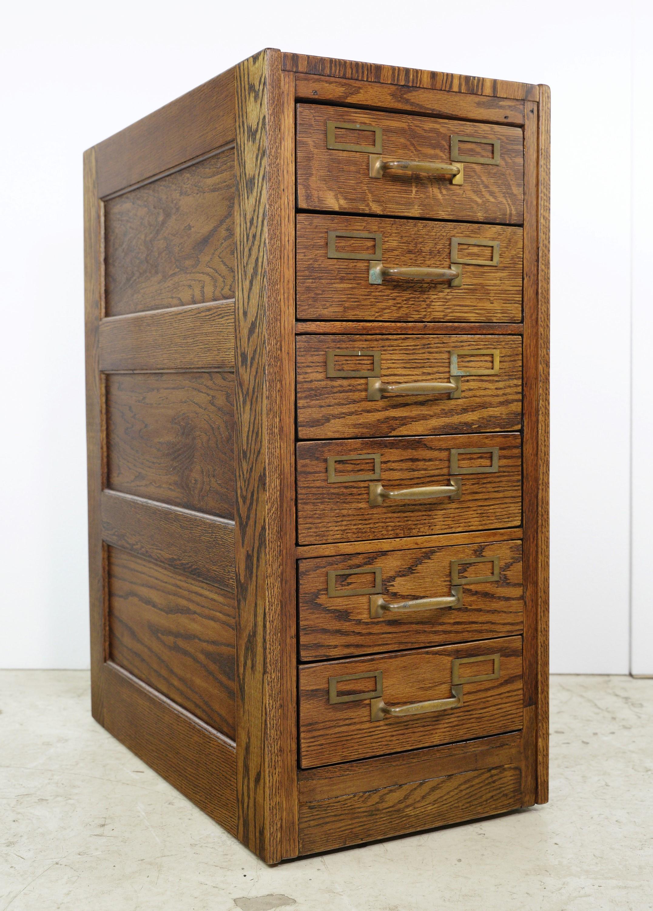 Antique Tiger Oak 6 Steel Drawer Filing Cabinet with Brass Hardware For Sale 2