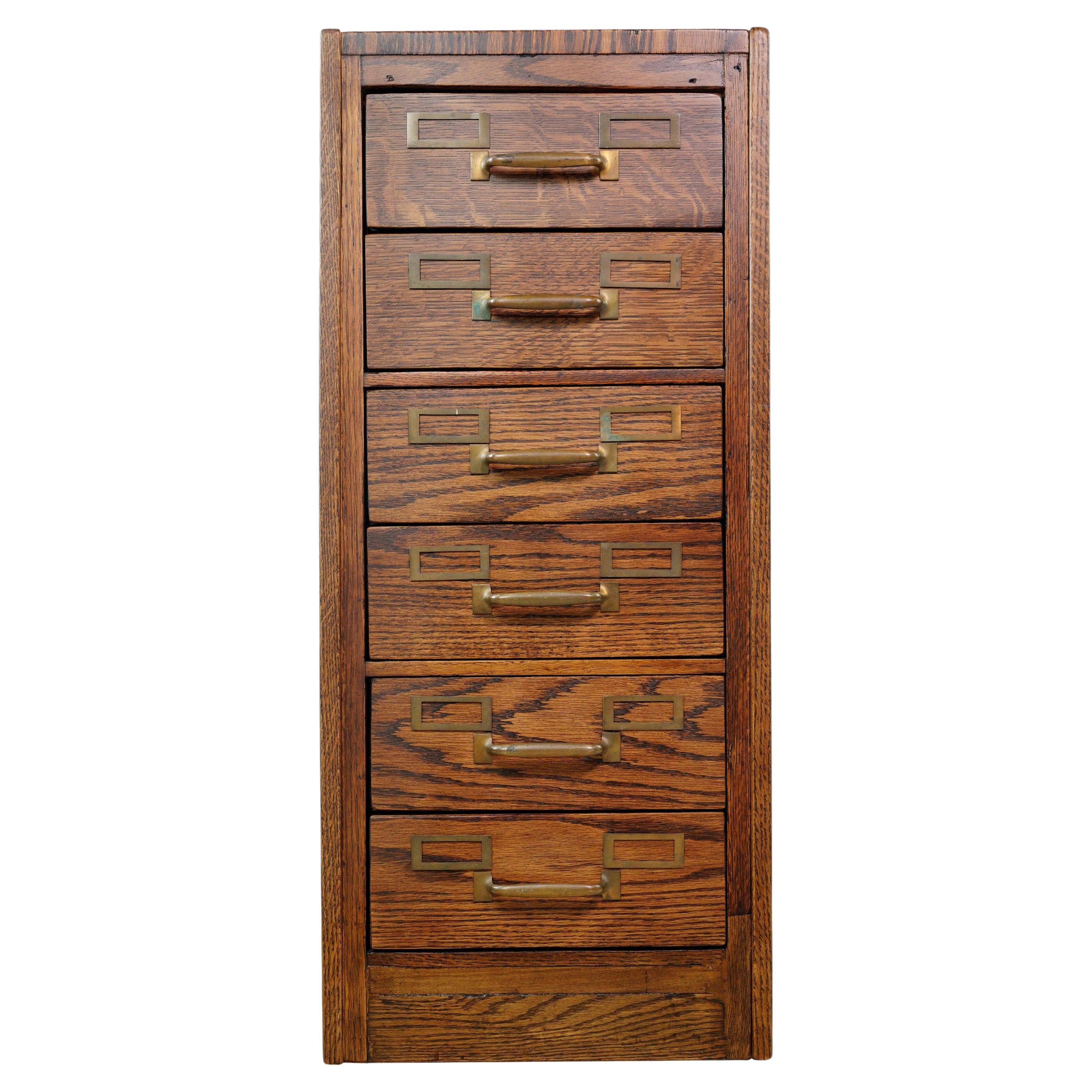 Antique Tiger Oak 6 Steel Drawer Filing Cabinet with Brass Hardware For Sale
