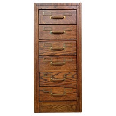 Antique Tiger Oak 6 Steel Drawer Filing Cabinet with Brass Hardware