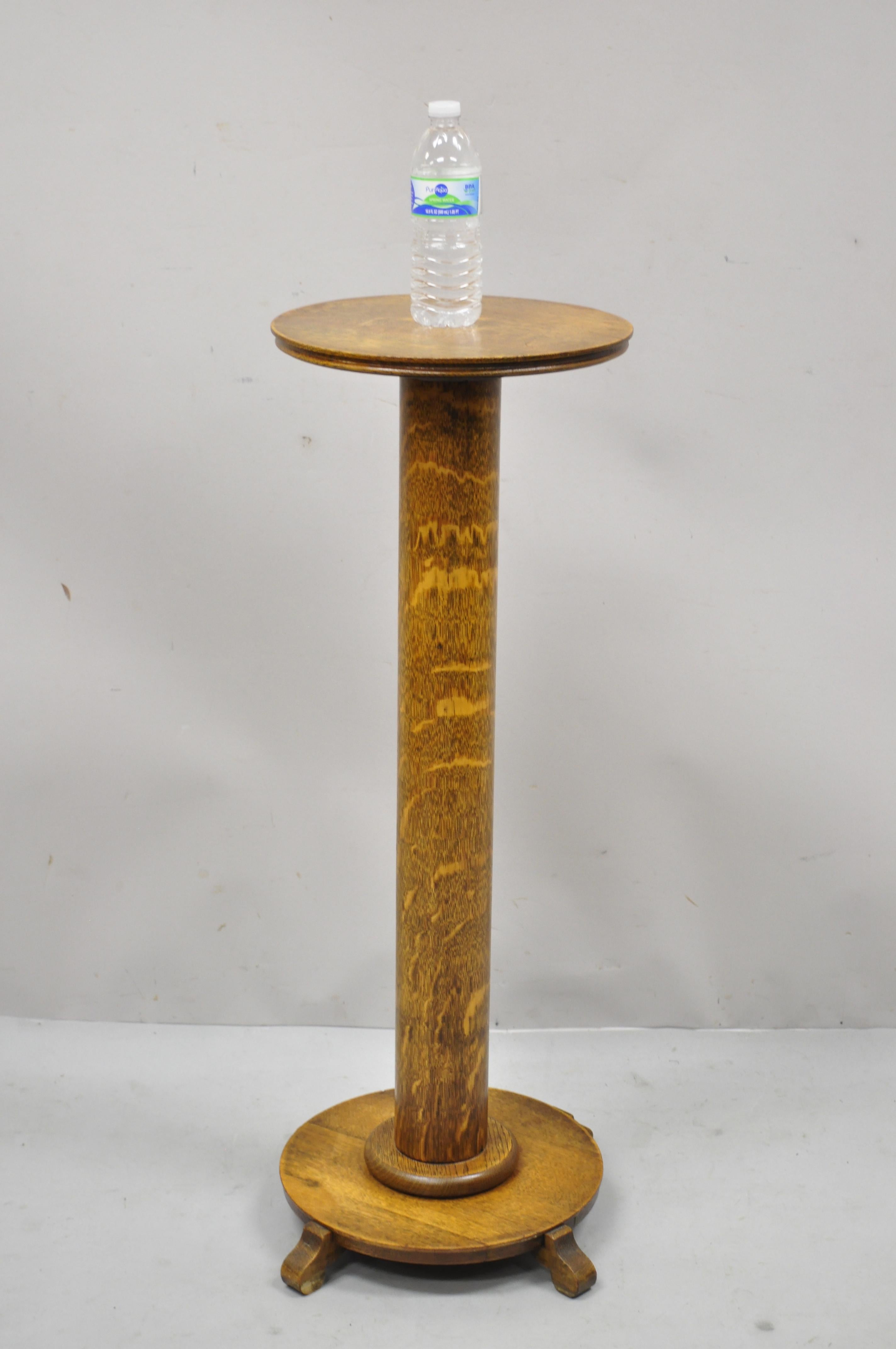 Antique Tiger Oak American Empire Round Column Pedestal Plant Stand 2