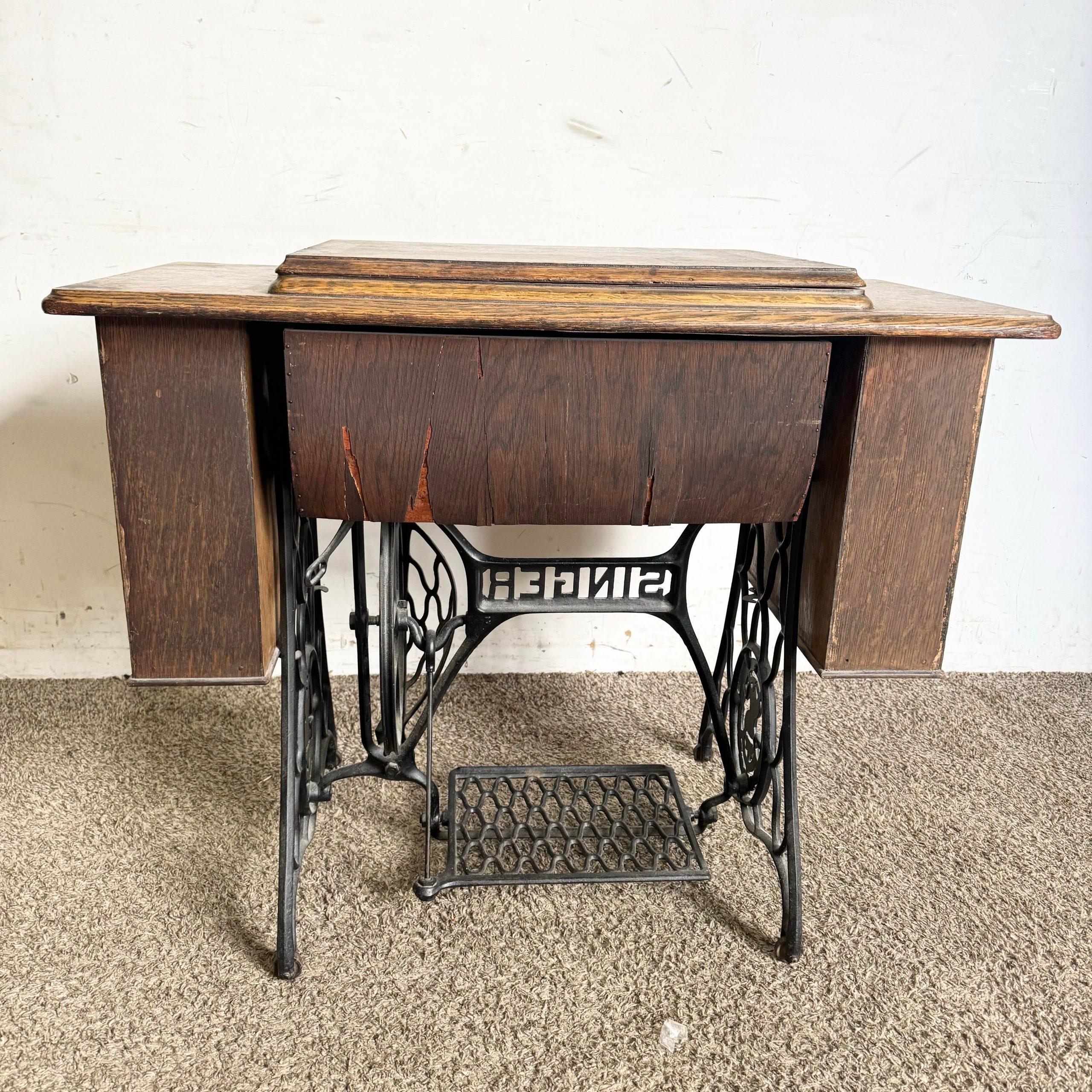 Antique Tiger Oak and Wrought Iron Singer Sewing Machine Table 5