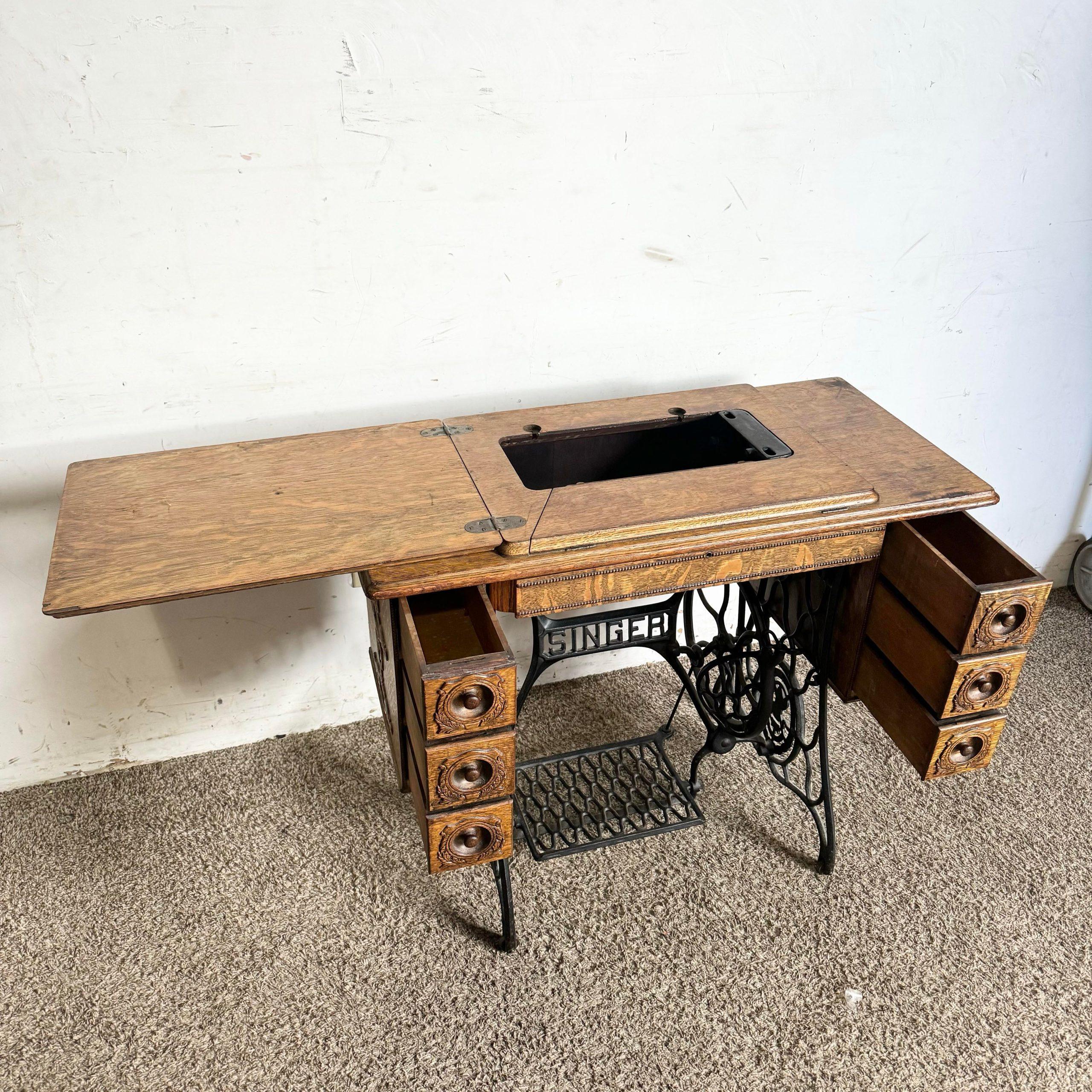 American Antique Tiger Oak and Wrought Iron Singer Sewing Machine Table
