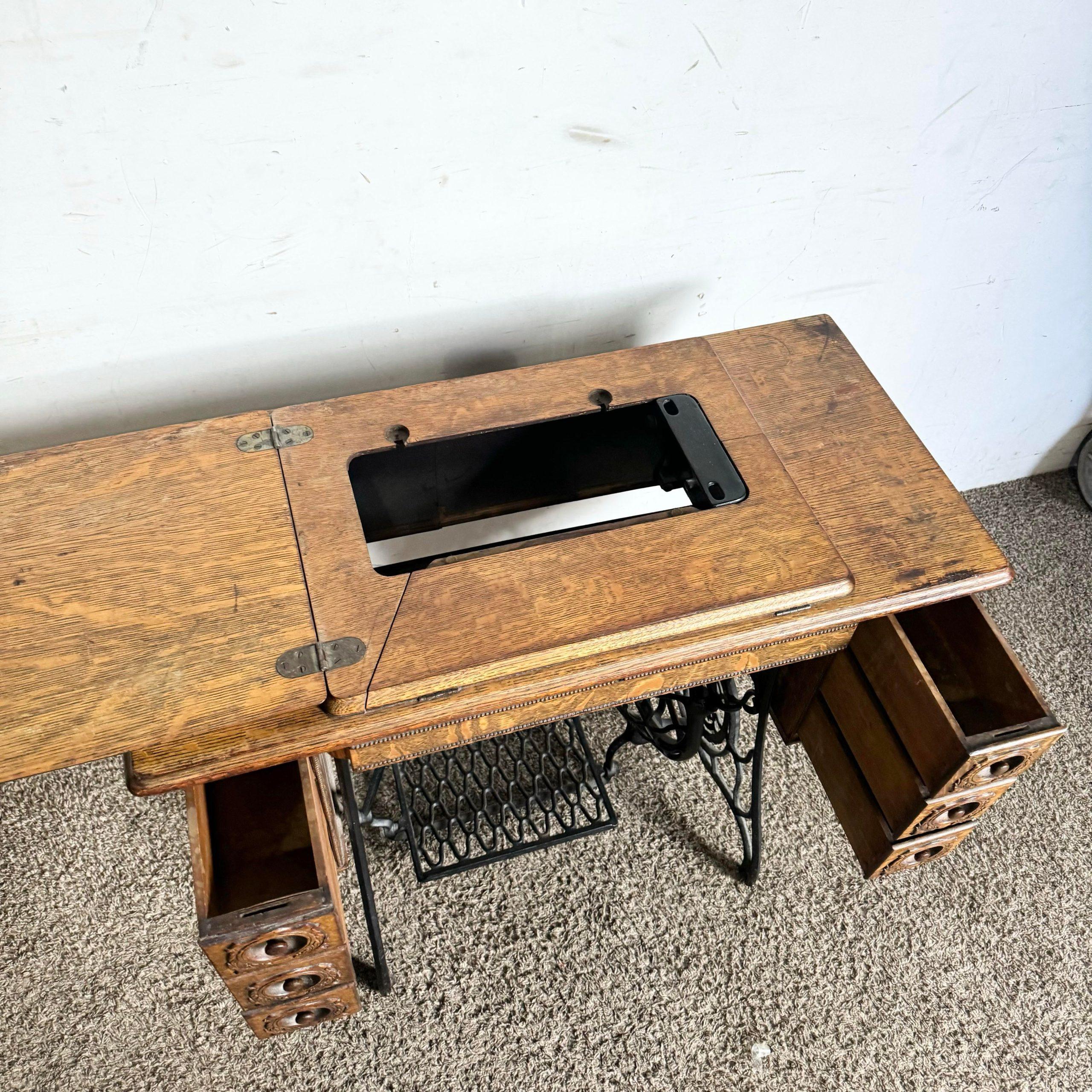Antique Tiger Oak and Wrought Iron Singer Sewing Machine Table In Good Condition In Delray Beach, FL