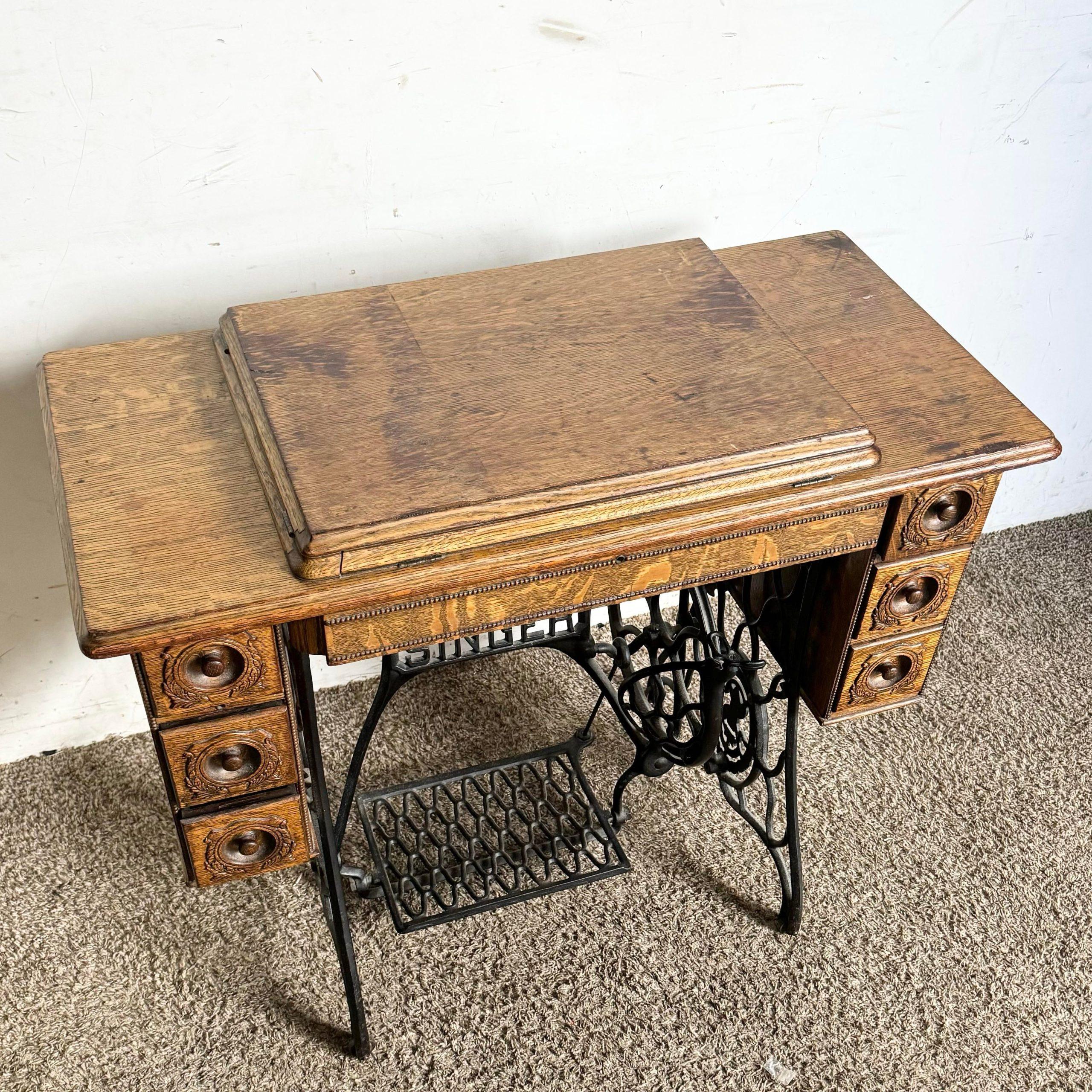 20th Century Antique Tiger Oak and Wrought Iron Singer Sewing Machine Table