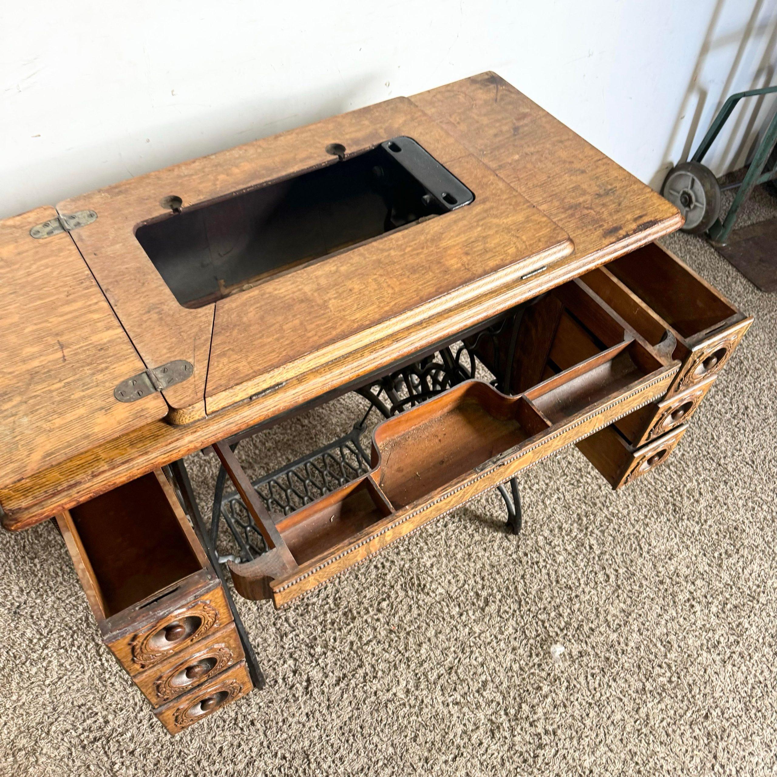 Antique Tiger Oak and Wrought Iron Singer Sewing Machine Table 1