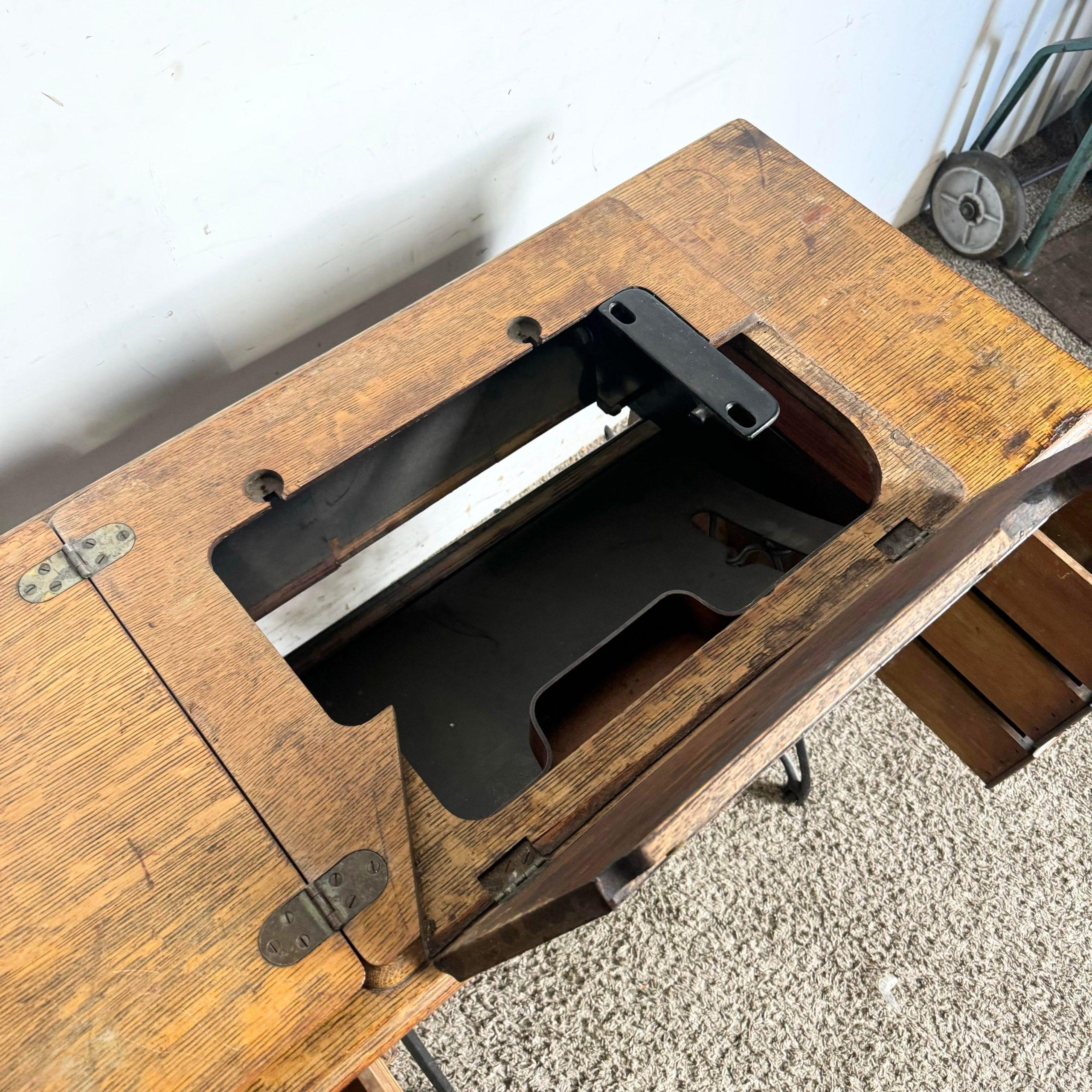 Antique Tiger Oak and Wrought Iron Singer Sewing Machine Table 2