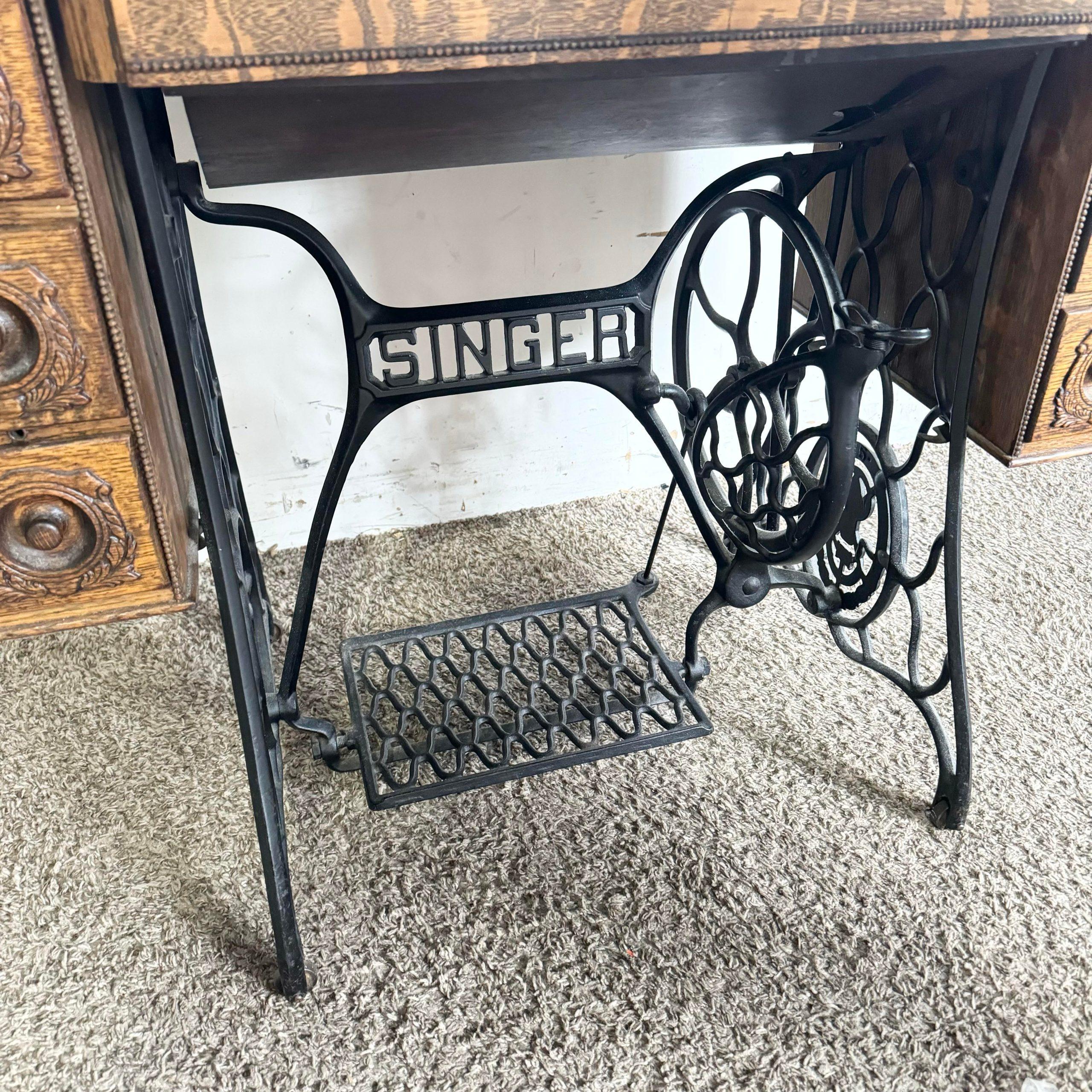Antique Tiger Oak and Wrought Iron Singer Sewing Machine Table 3