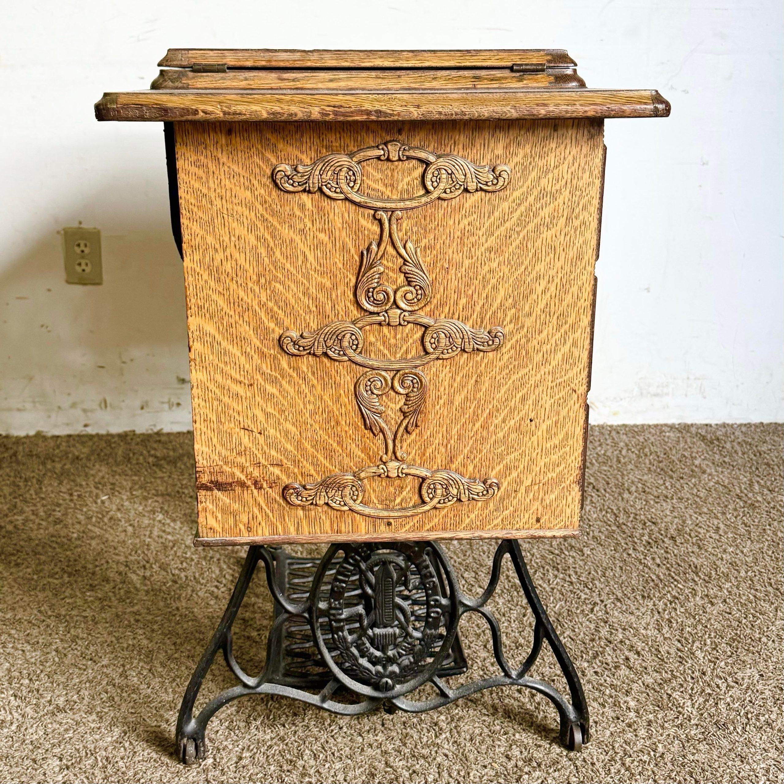 Antique Tiger Oak and Wrought Iron Singer Sewing Machine Table 4