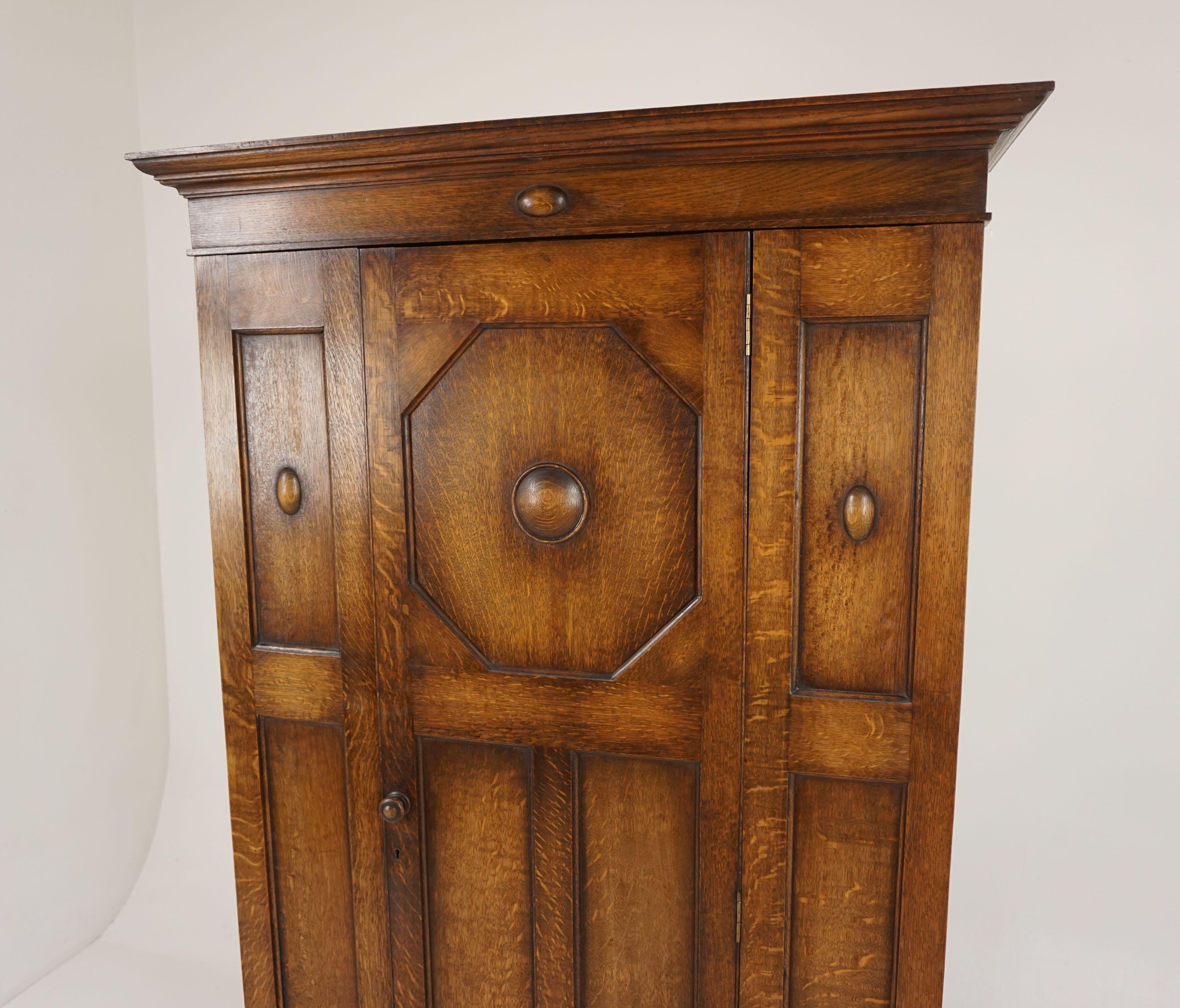 Hand-Crafted Antique Tiger Oak Armoire, Single Door Hall Wardrobe Closet Scotland 1920, B2072