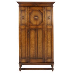 Antique Tiger Oak Armoire, Single Door Hall Wardrobe Closet Scotland 1920, B2072