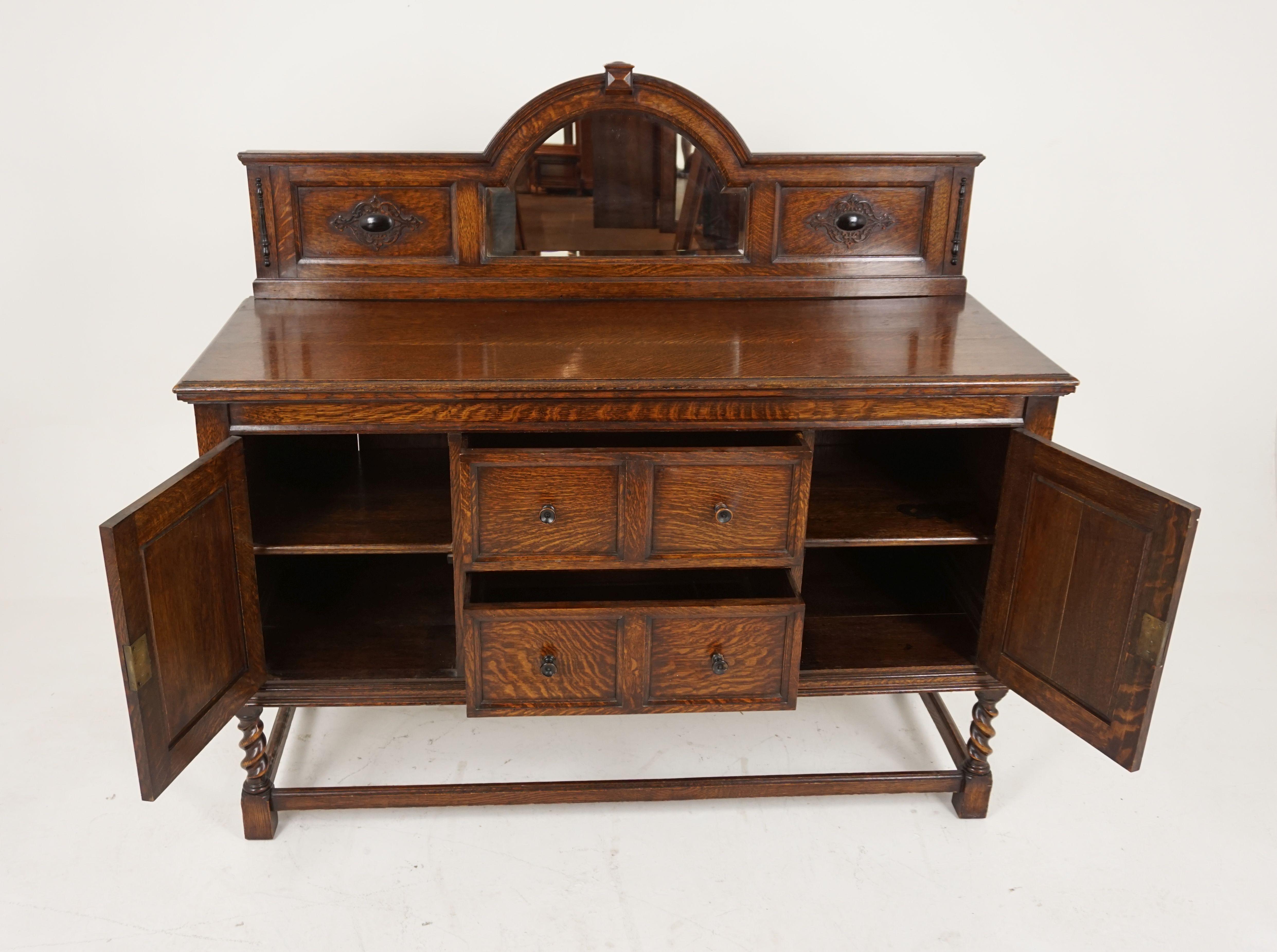 Antique tiger oak barley twist, sideboard buffet, server, Scotland 1920, B2074

Scotland, 1920
Solid oak
Original finish
Upper section has a shaped beveled mirror with a pair of carved paneled sides
Pair of paneled drawers to the