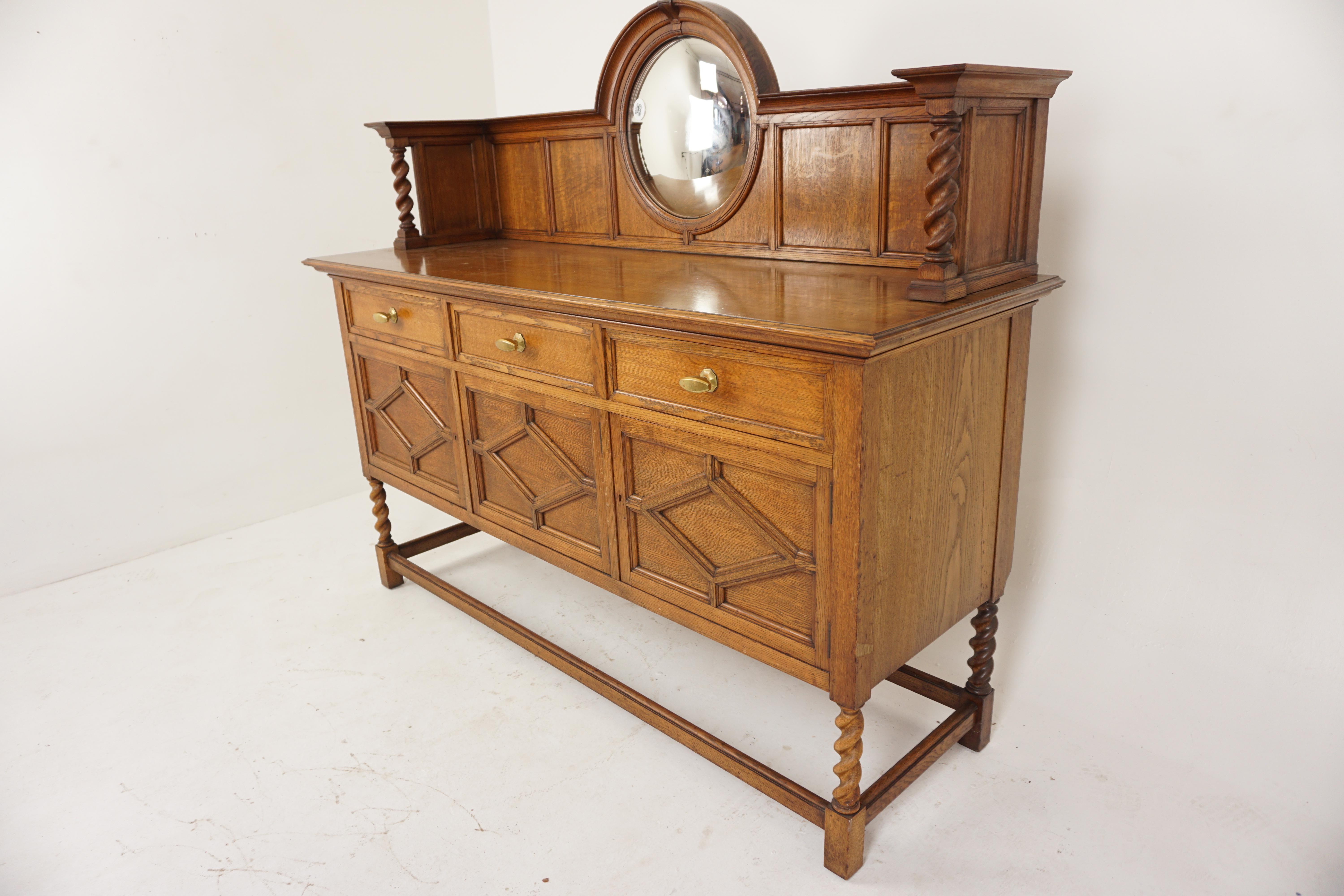Antique tiger oak Barley Twist sideboard mirror back, Scotland 1910, H702

Scotland 1910
Solid Oak
Original Finish
High Back gallery with convex mirror
Sitting on a rectangular tiger oak top
Three dovetailed panelled drawers with original