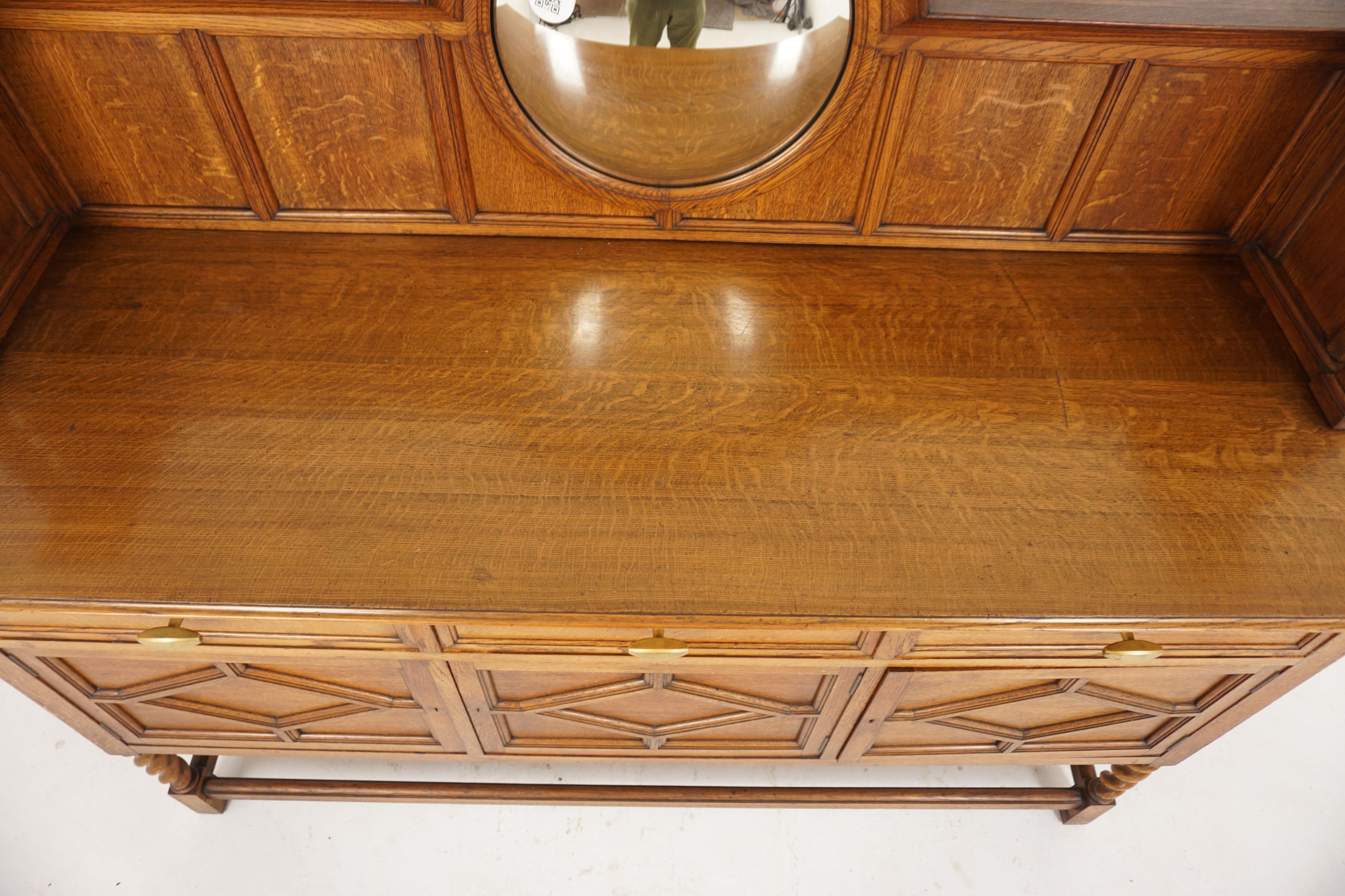Antique Tiger Oak Barley Twist Sideboard Mirror Back, Scotland 1910, H702 In Good Condition For Sale In Vancouver, BC