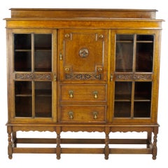 Antique Tiger Oak Bookcase, Three-Door Bookcase, Scotland, 1920