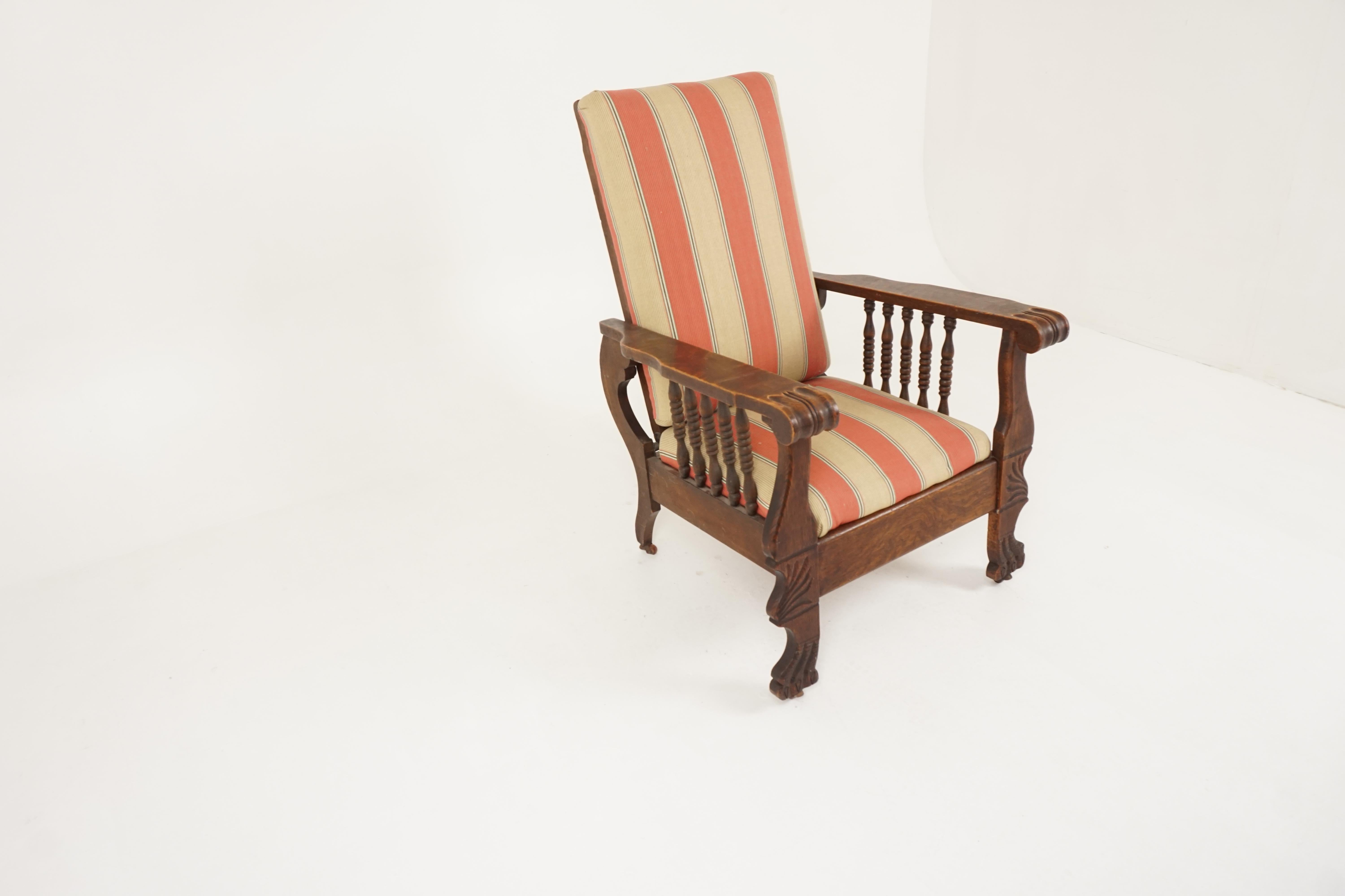 Antique tiger oak chair, reclining Morris chair, American 1920, B2320

American, 1920
Solid oak
Original Finish
With detail on arms and feet spindle sides
Upholstered back and seat
The back recliner has four positions
All standing on