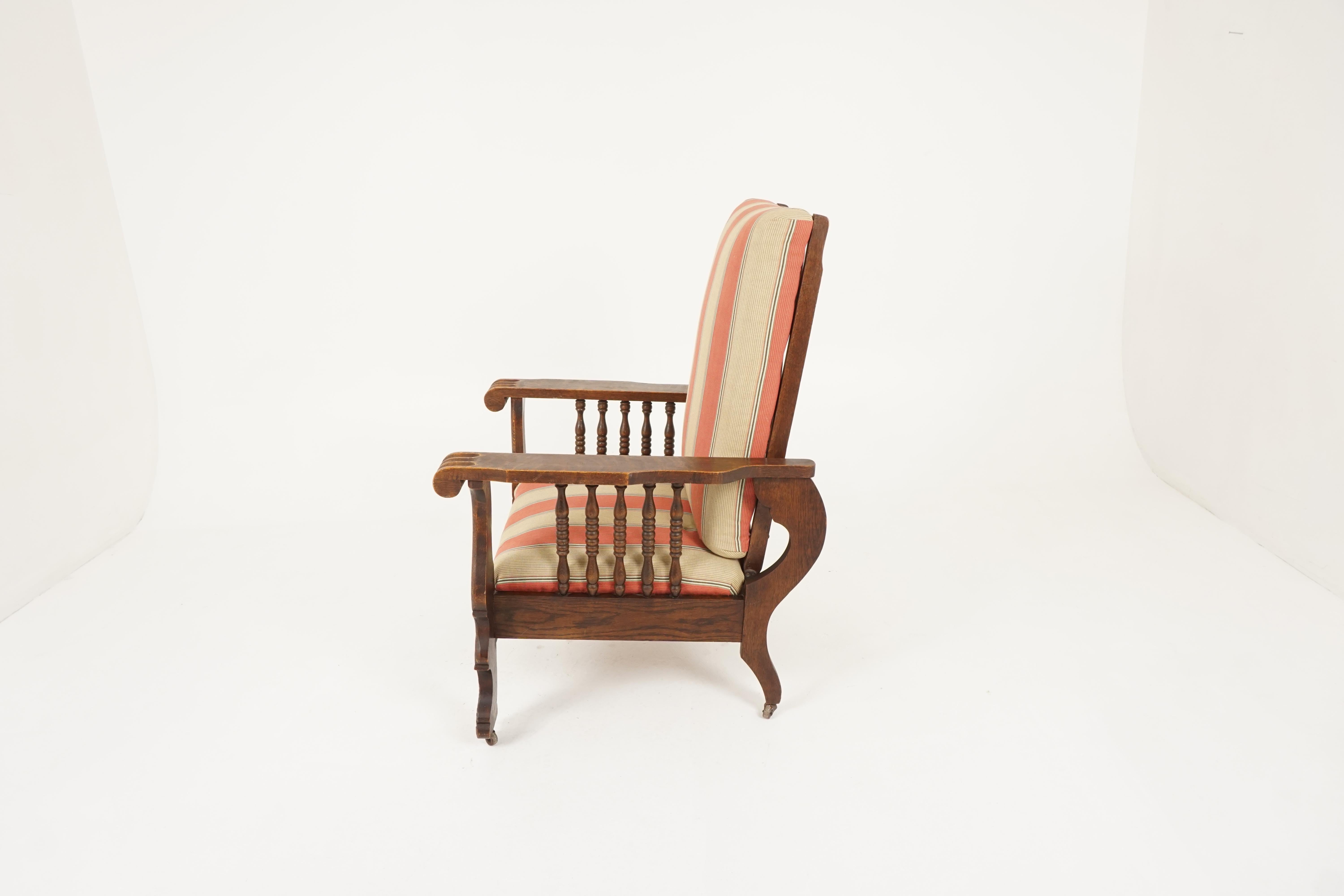 Hand-Crafted Antique Tiger Oak Chair, Reclining Morris Chair, American 1920, B2320