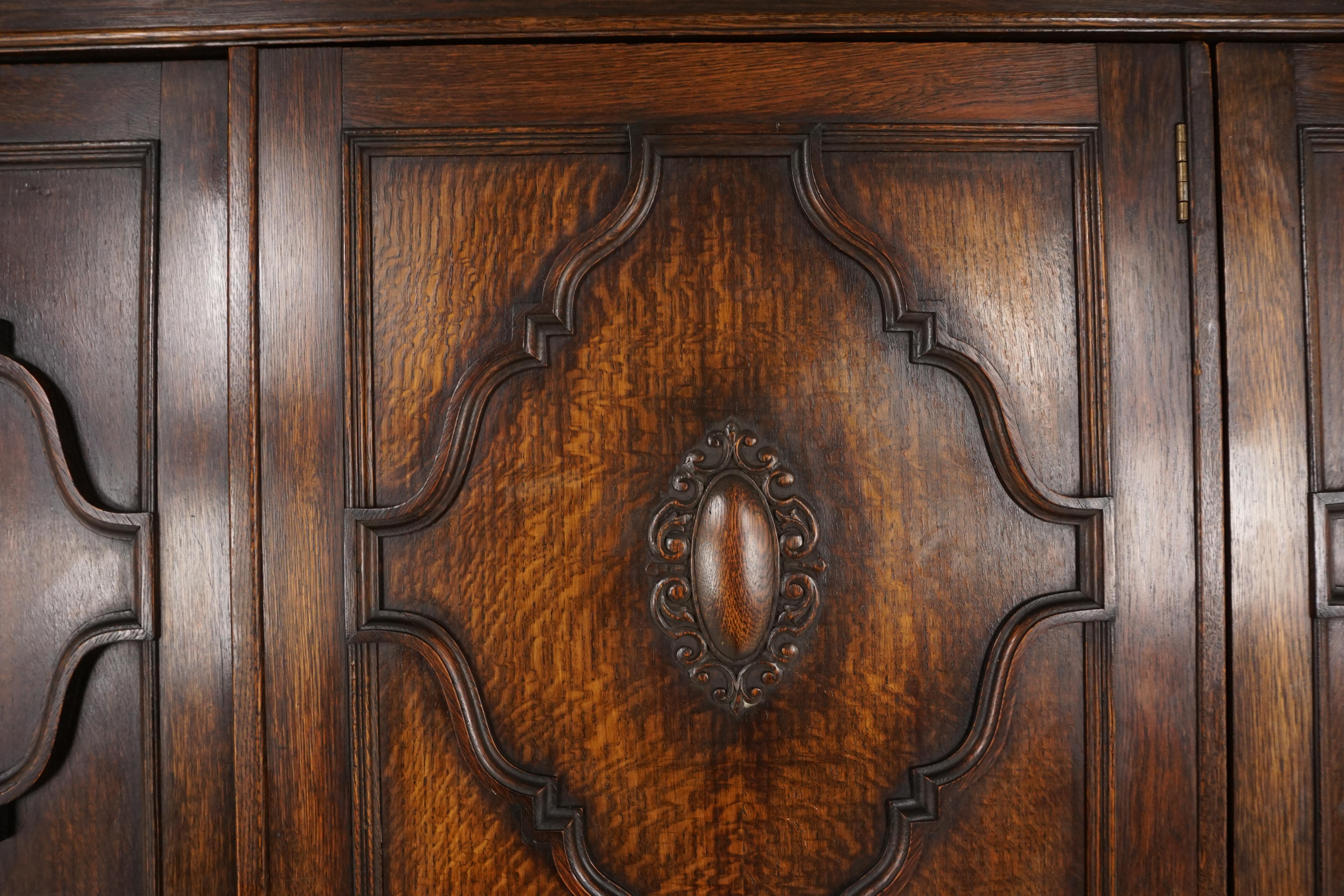 Early 20th Century Antique Tiger Oak Compactum Armoire, Carved Wardrobe Closet, Scotland 1910 B2398