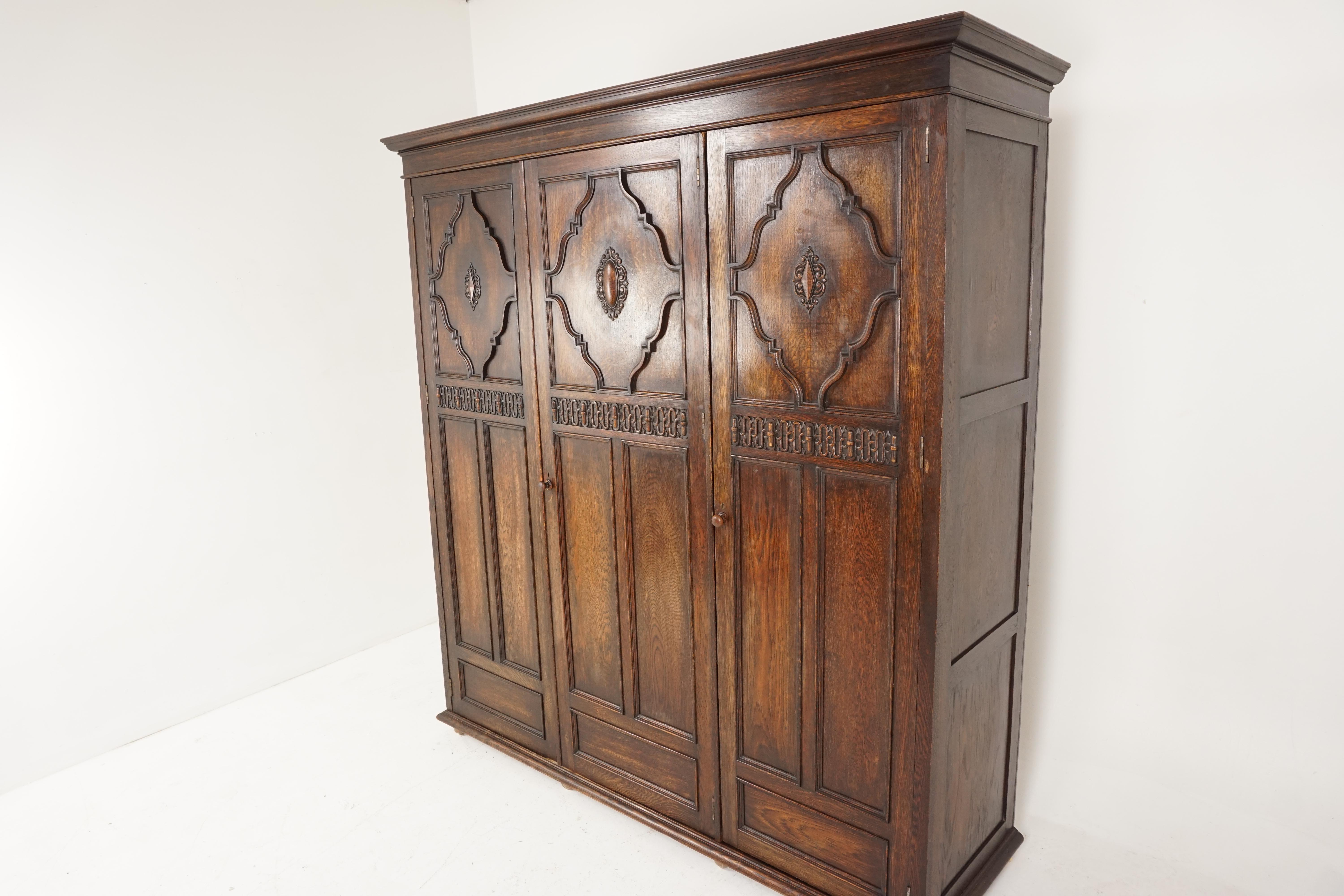 Antique Tiger Oak Compactum Armoire, Carved Wardrobe Closet, Scotland 1910 B2398 2