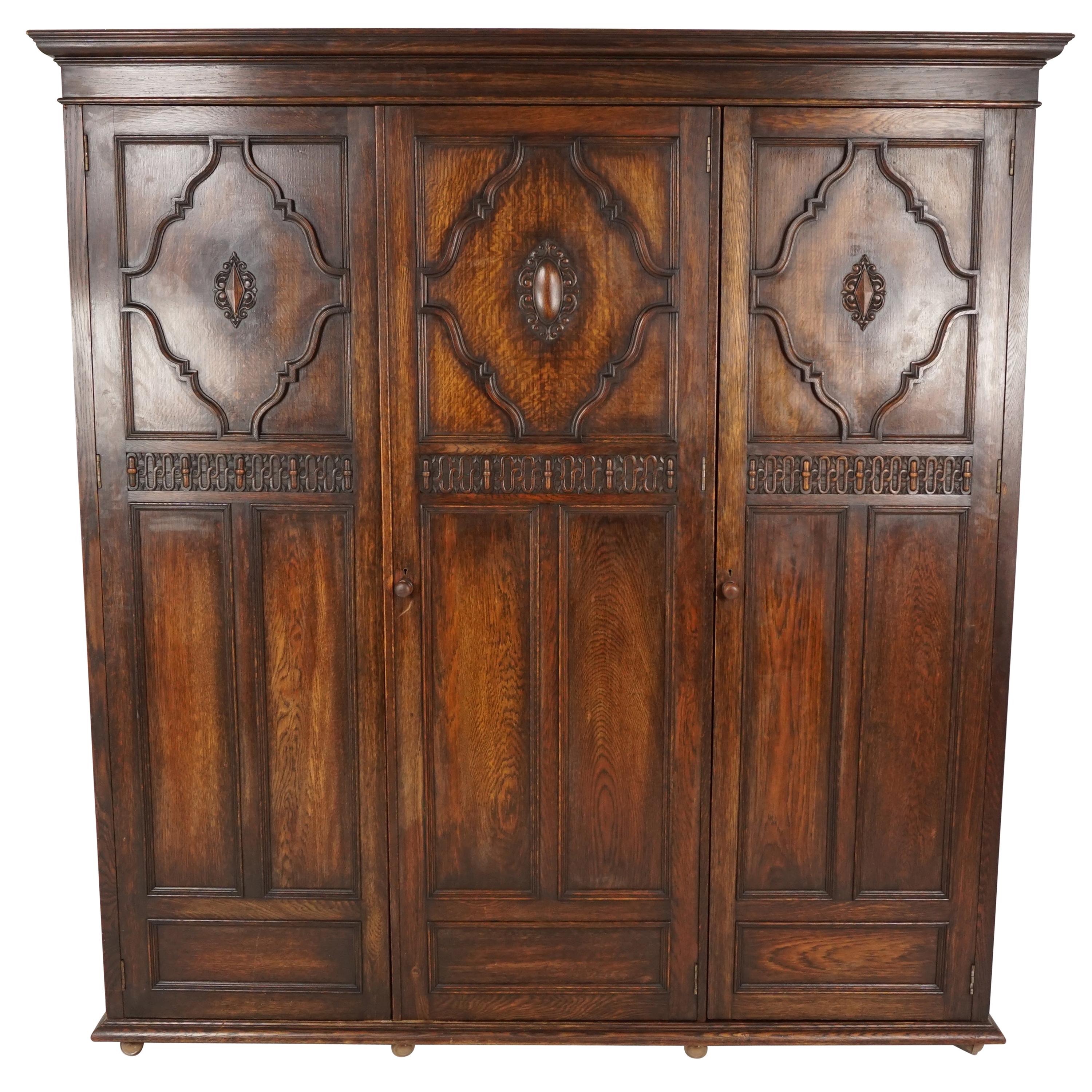 Antique Tiger Oak Compactum Armoire, Carved Wardrobe Closet, Scotland 1910 B2398