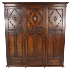 Antique Tiger Oak Compactum Armoire, Carved Wardrobe Closet, Scotland 1910 B2398