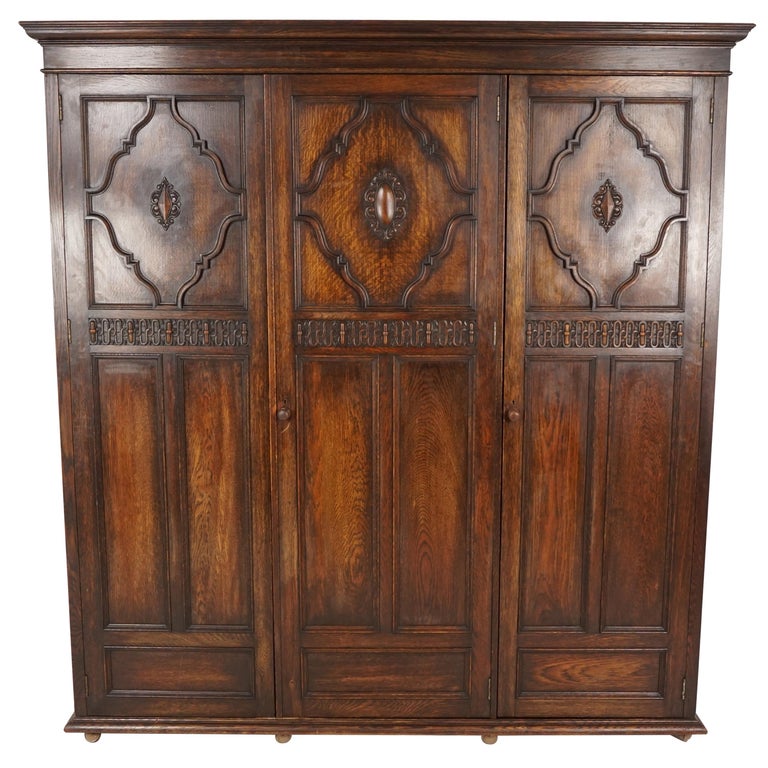 Antique Tiger Oak Compactum Armoire, Carved Wardrobe Closet, Scotland