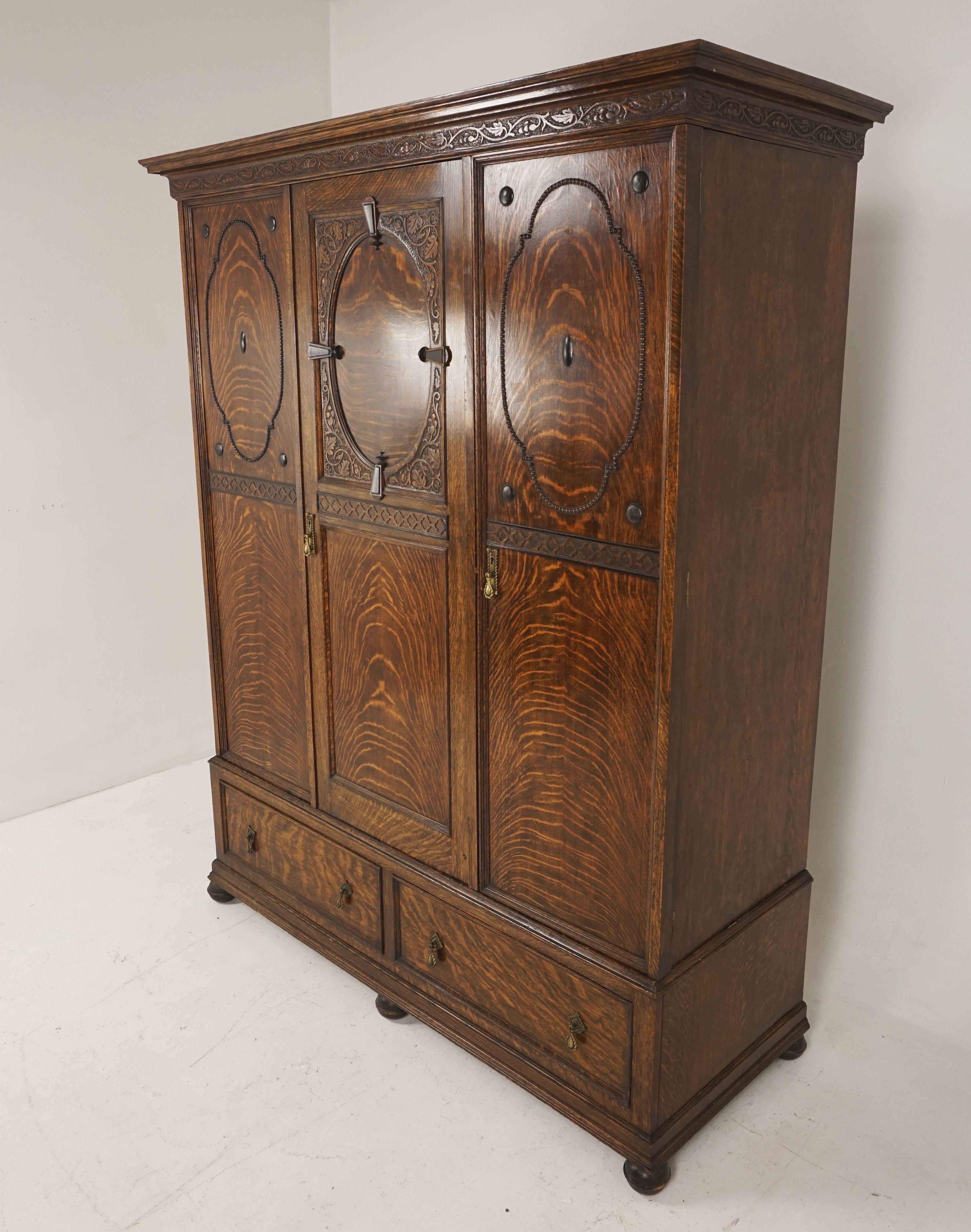 Early 20th Century Antique Tiger Oak Compactum Armoire, Wardrobe, Closet, Scotland 1910, B2435