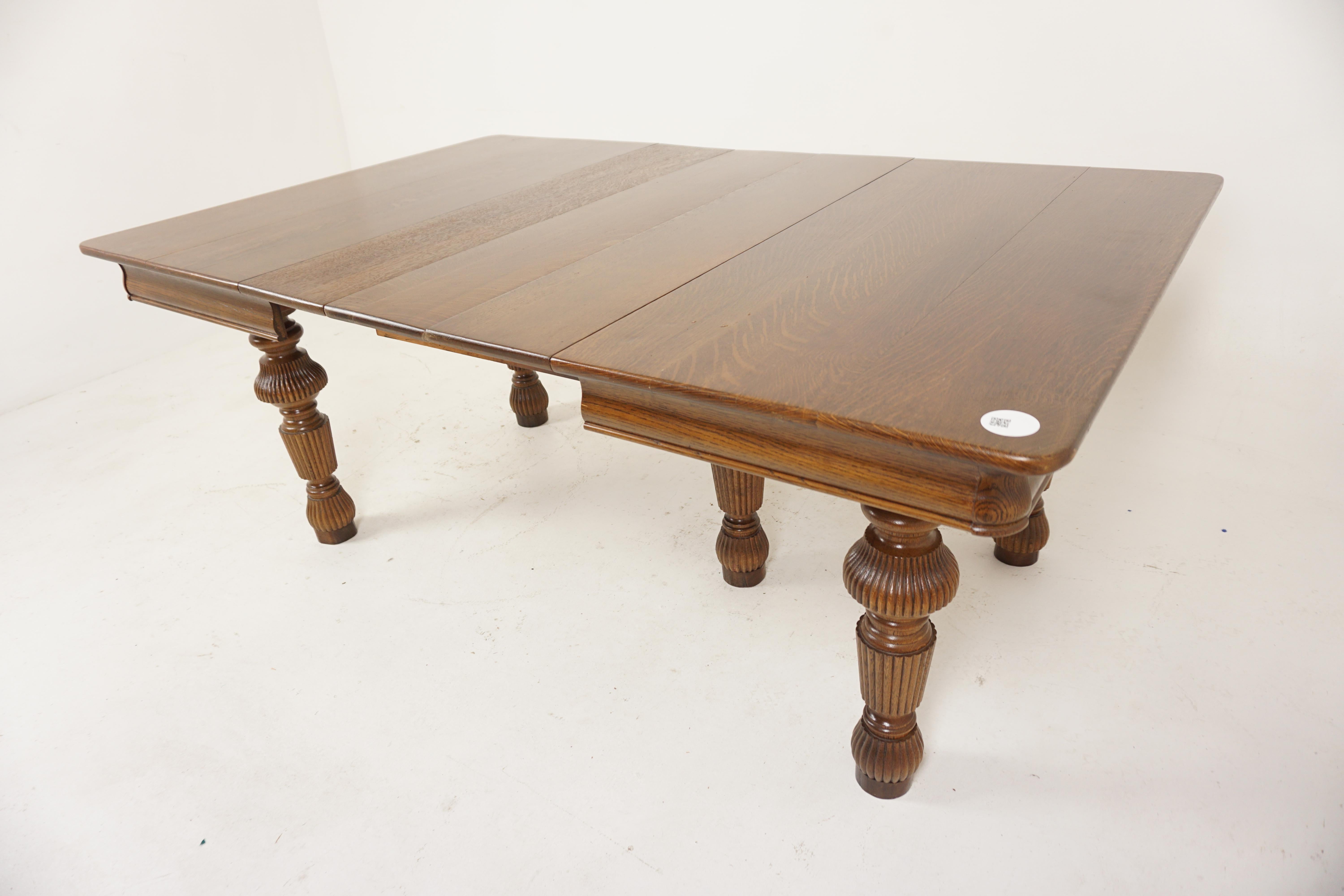 Antique tiger oak dining table, 3 leaves, 5 legs, American 1910, H691

American 1910
Solid Oak
Original Finish
Square top with skirt underneath
Comes with three leaves
Standing on five turned legs
Very good quality and in good condition